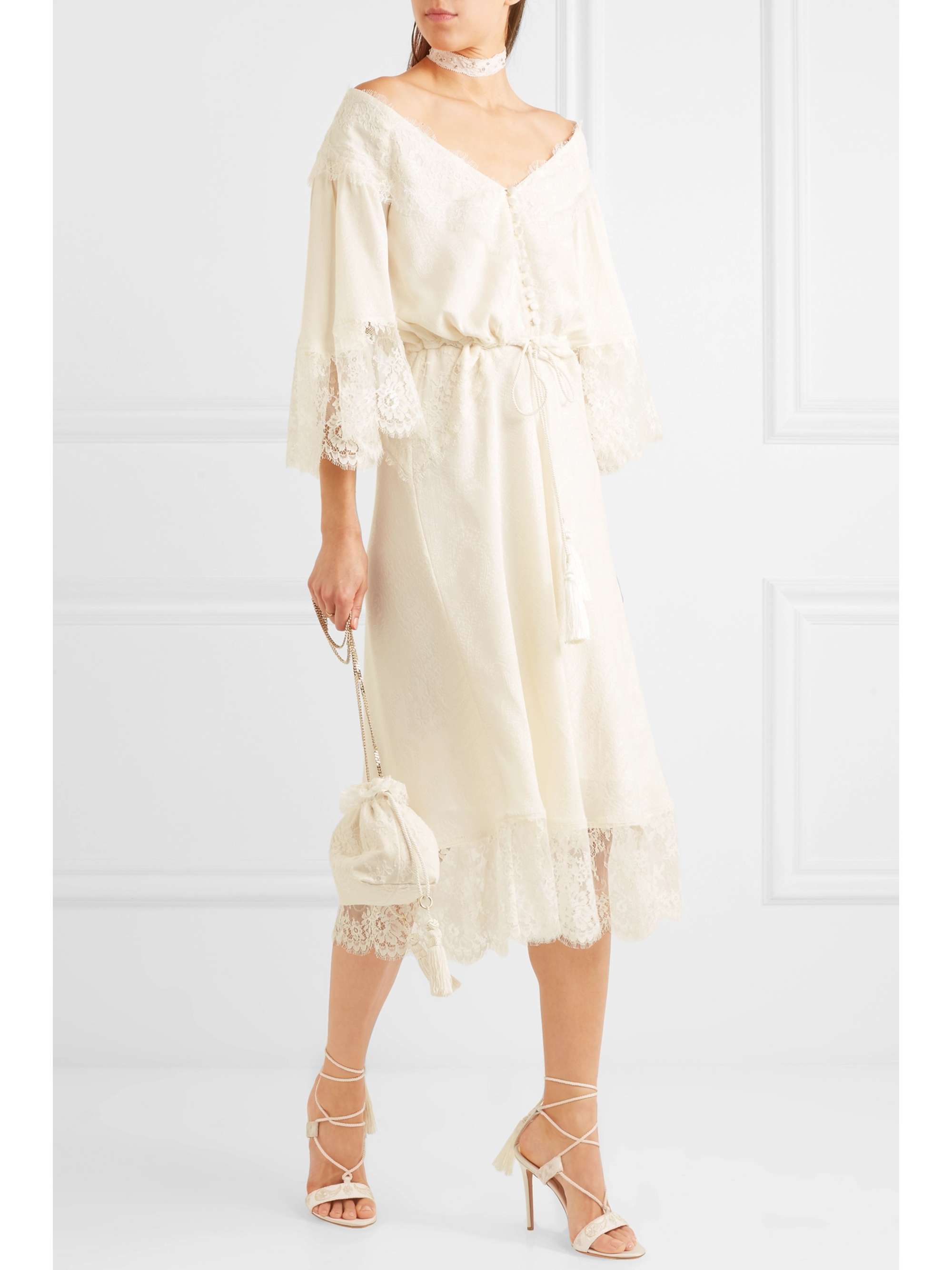 Lace-paneled silk-jacquard midi dress view