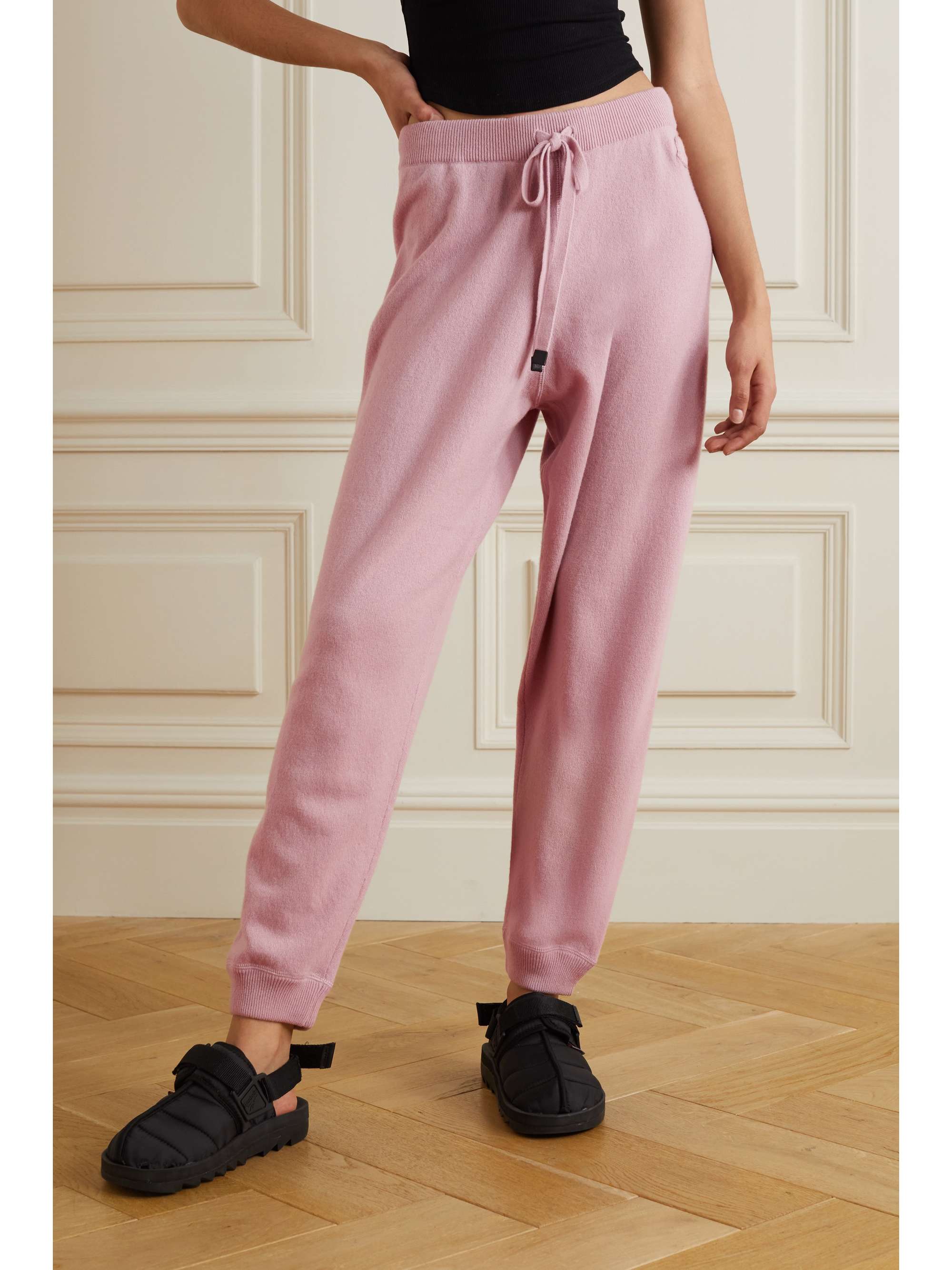 Leather-trimmed wool and cashmere-blend track pants view