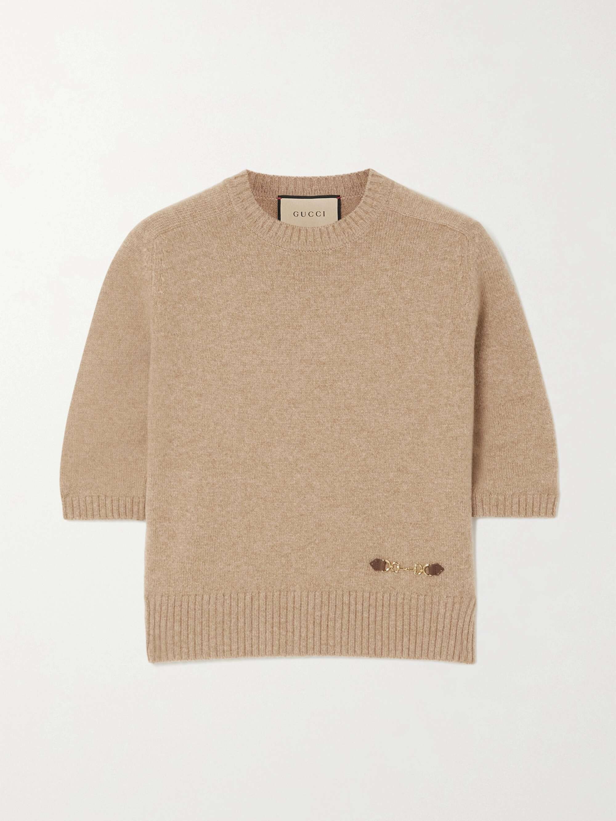 Horsebit-detailed leather-trimmed cashmere sweater view