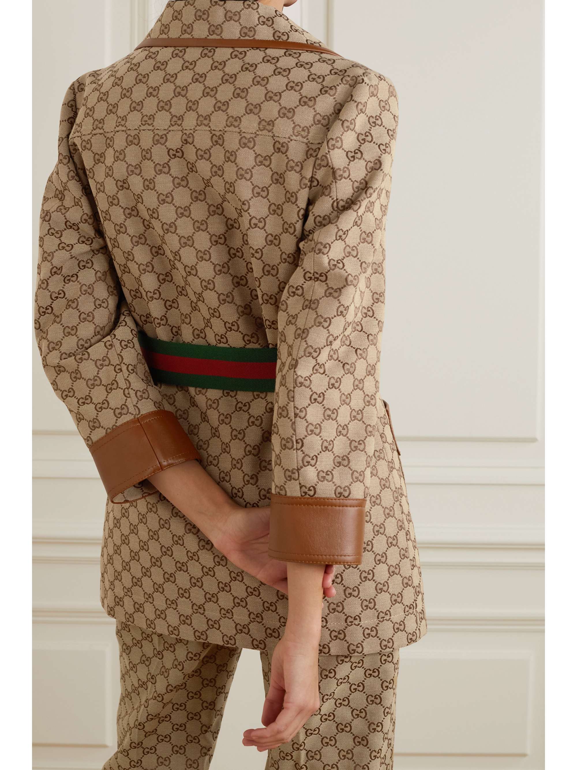 Belted leather-trimmed cotton-blend canvas-jacquard jacket view