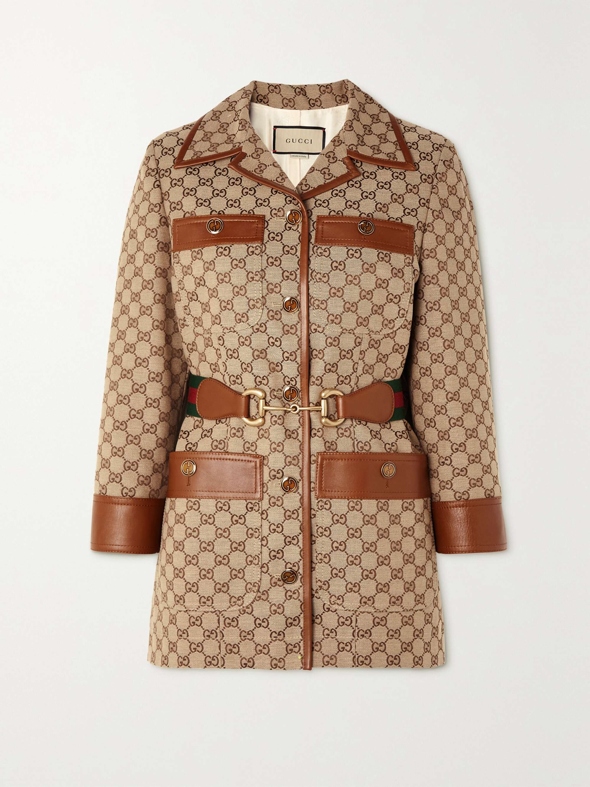 Belted leather-trimmed cotton-blend canvas-jacquard jacket view