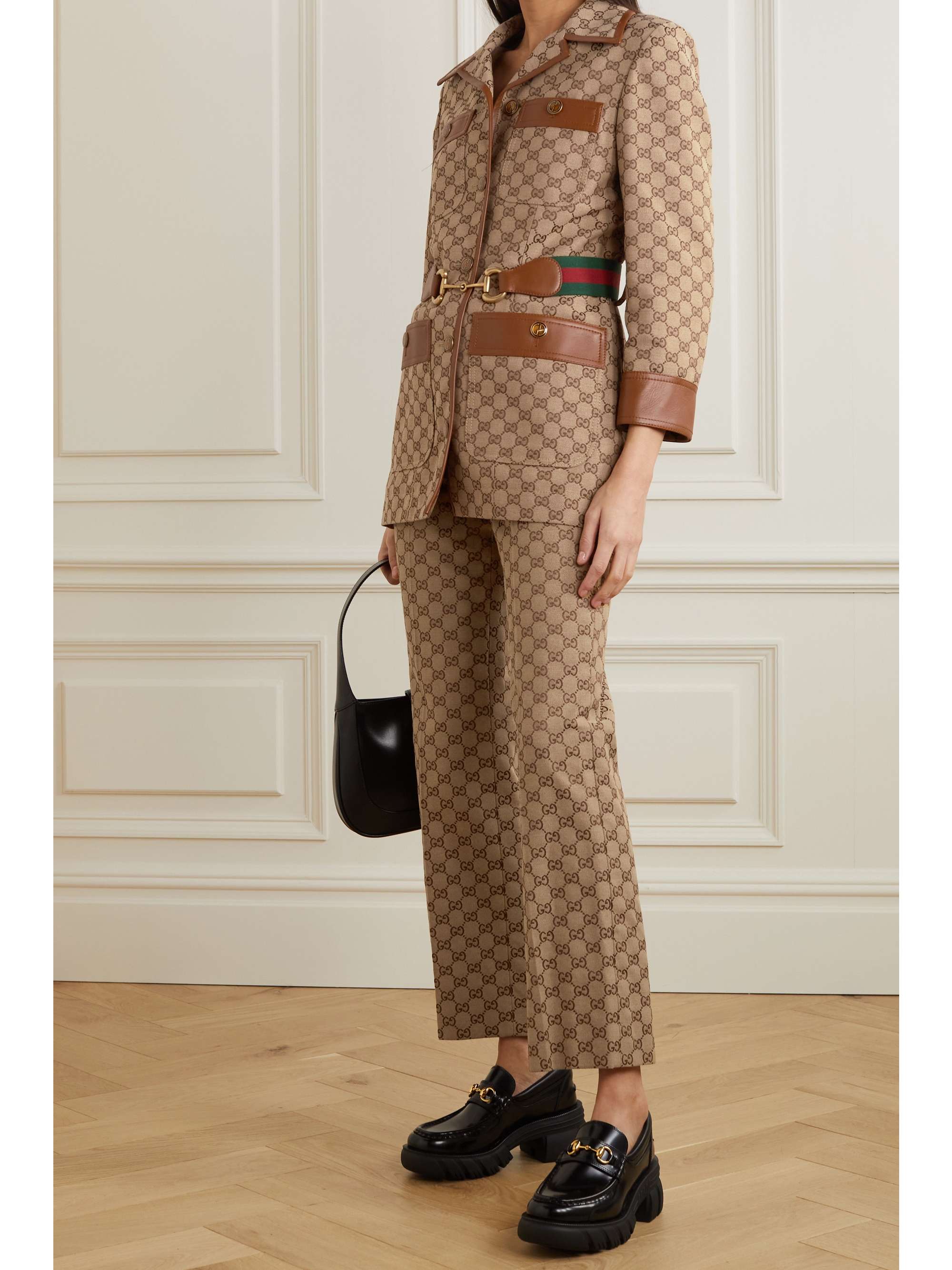 Belted leather-trimmed cotton-blend canvas-jacquard jacket view
