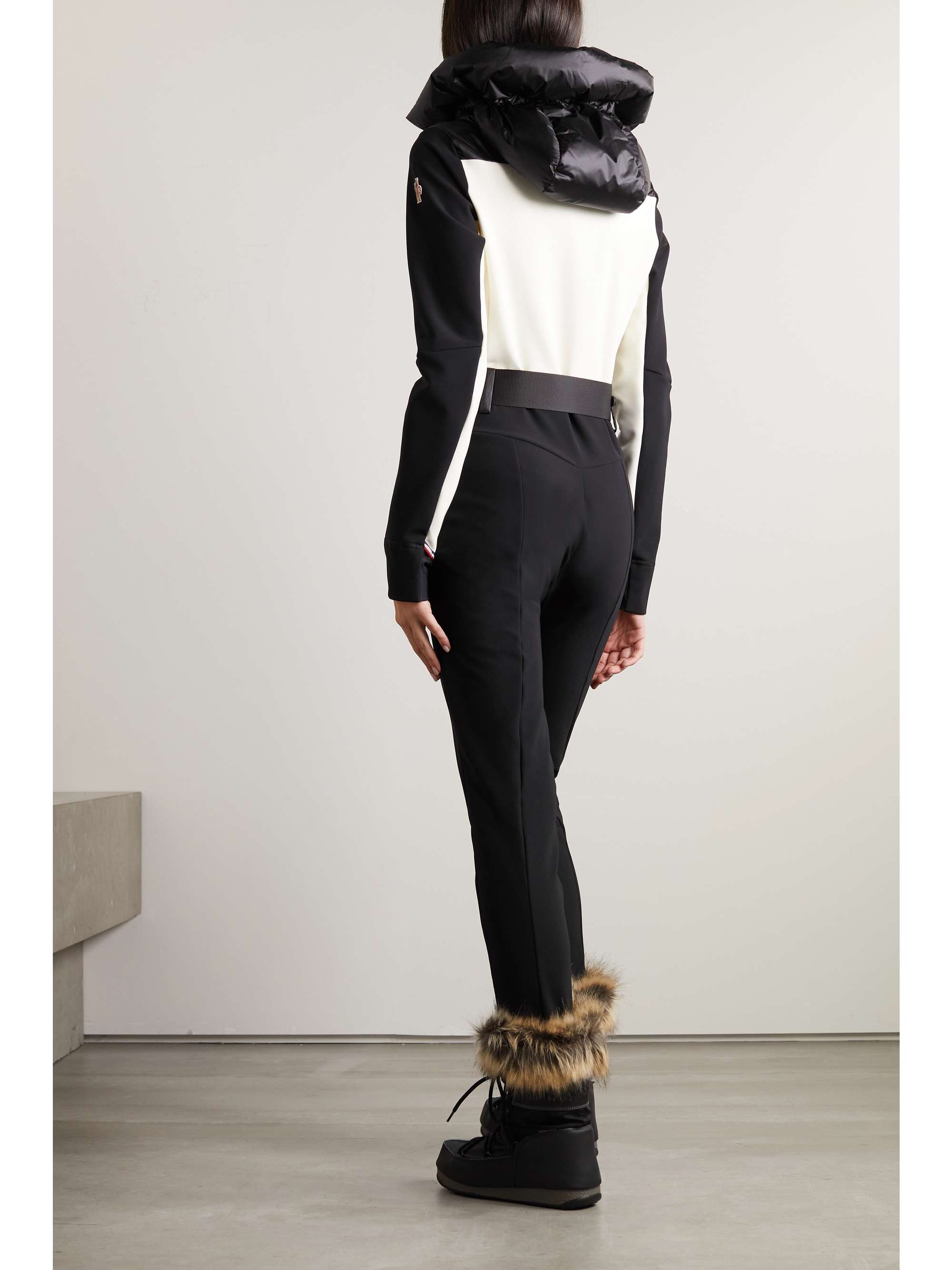 Hooded belted two-tone down ski suit view