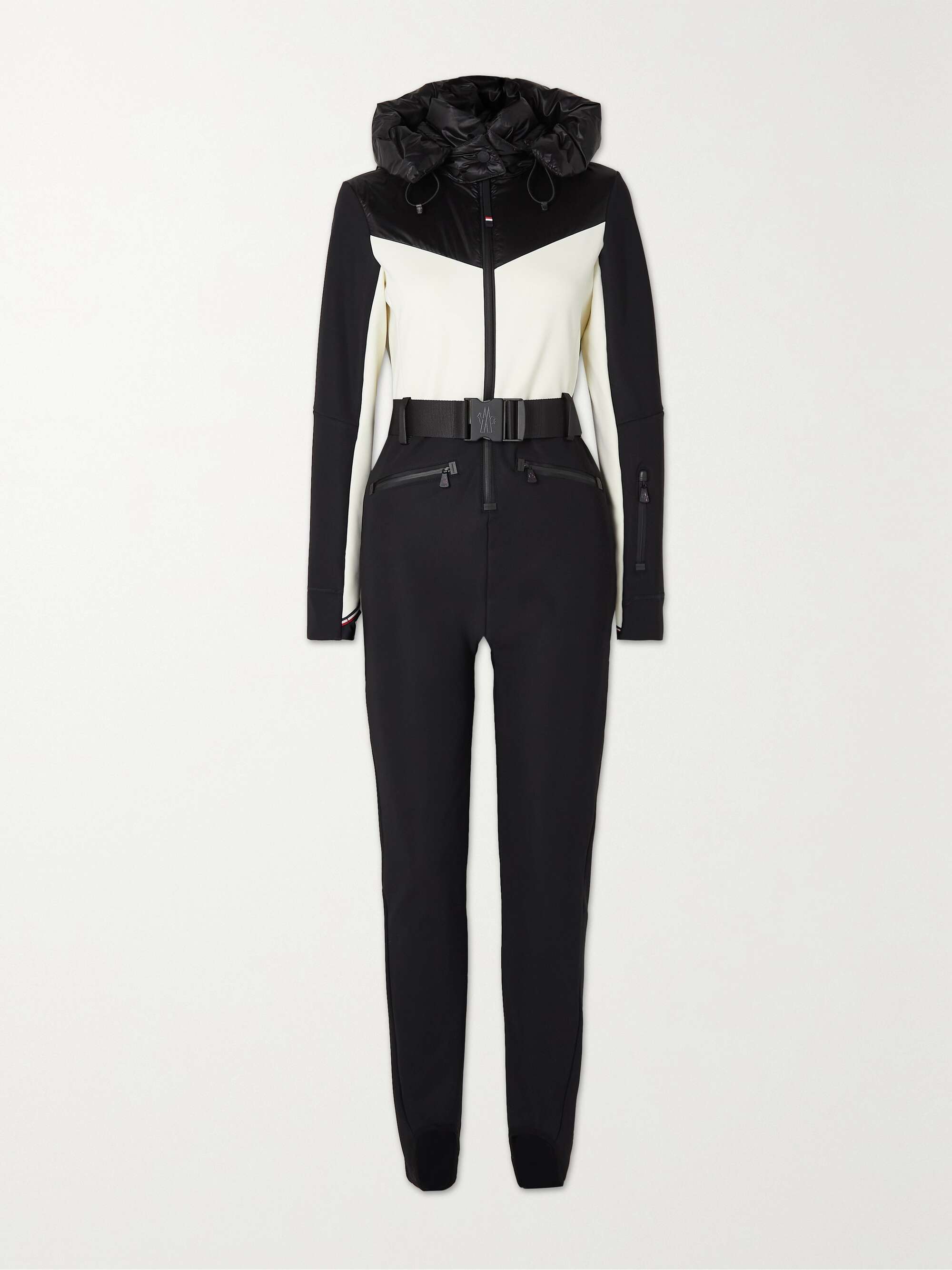 Hooded belted two-tone down ski suit view