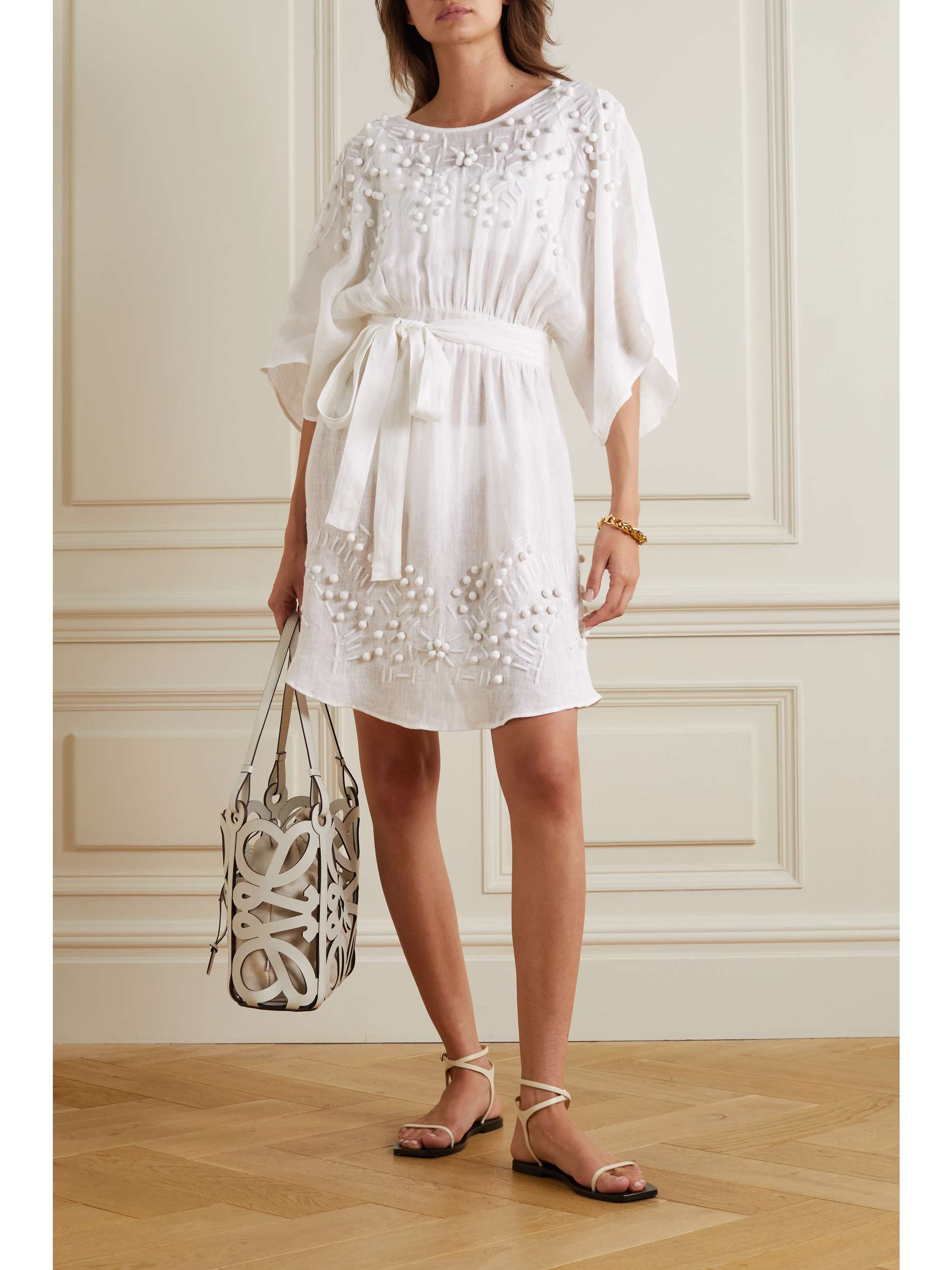 Aphrodite belted open-back embellished linen-voile dress view