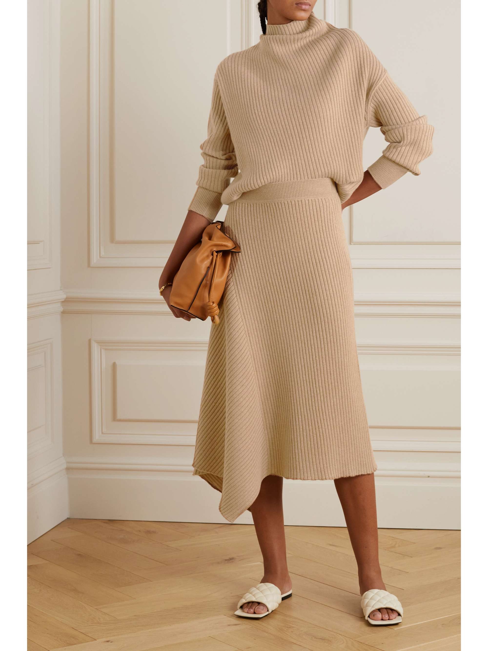 Asymmetric ribbed cashmere midi skirt view