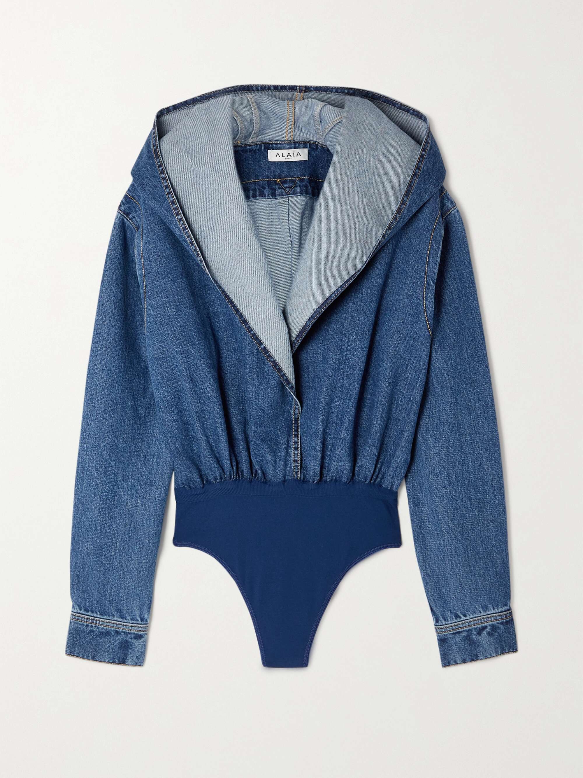 Hooded denim and stretch-knit thong bodysuit view