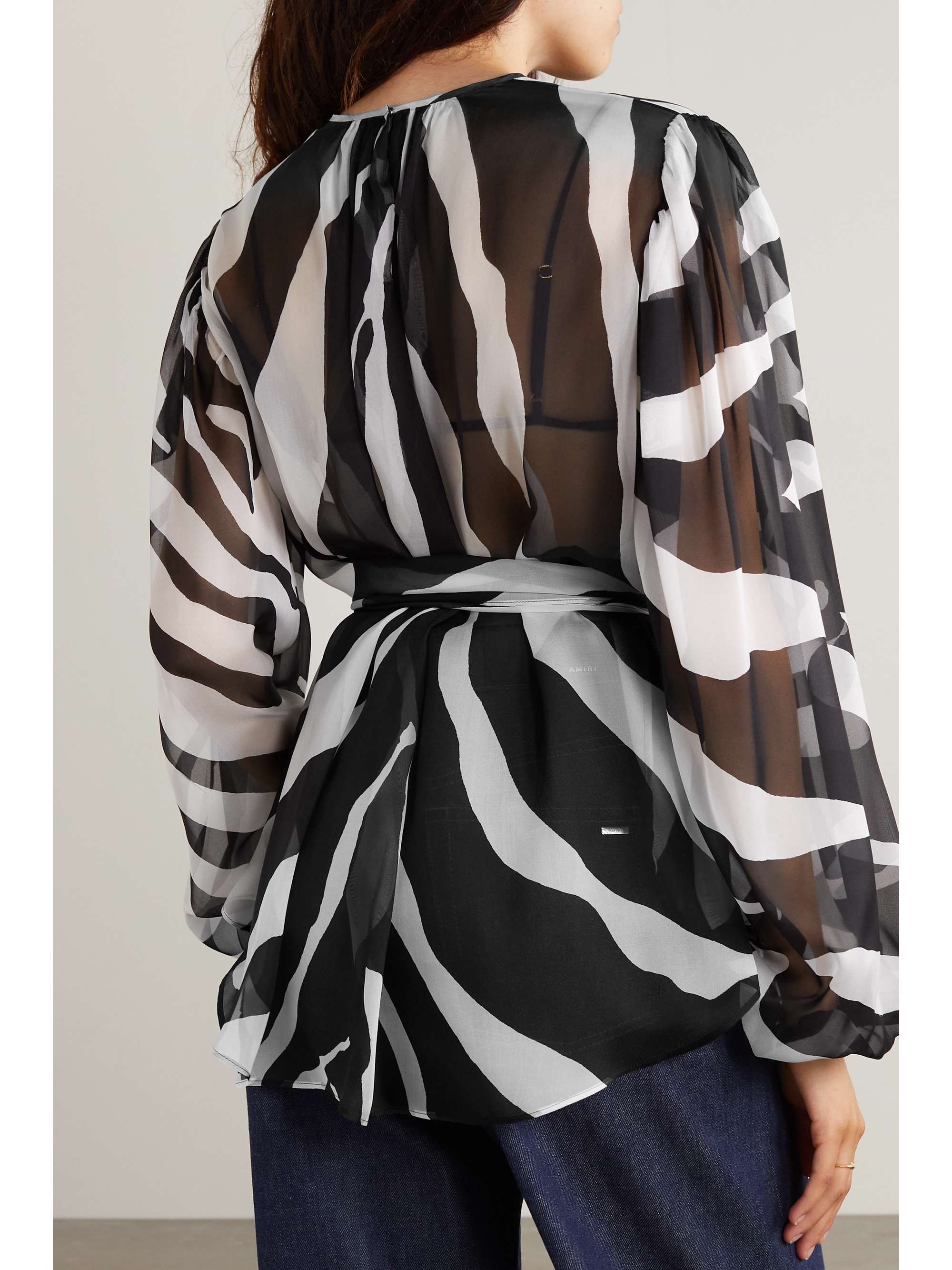 Belted gathered zebra-print chiffon blouse view