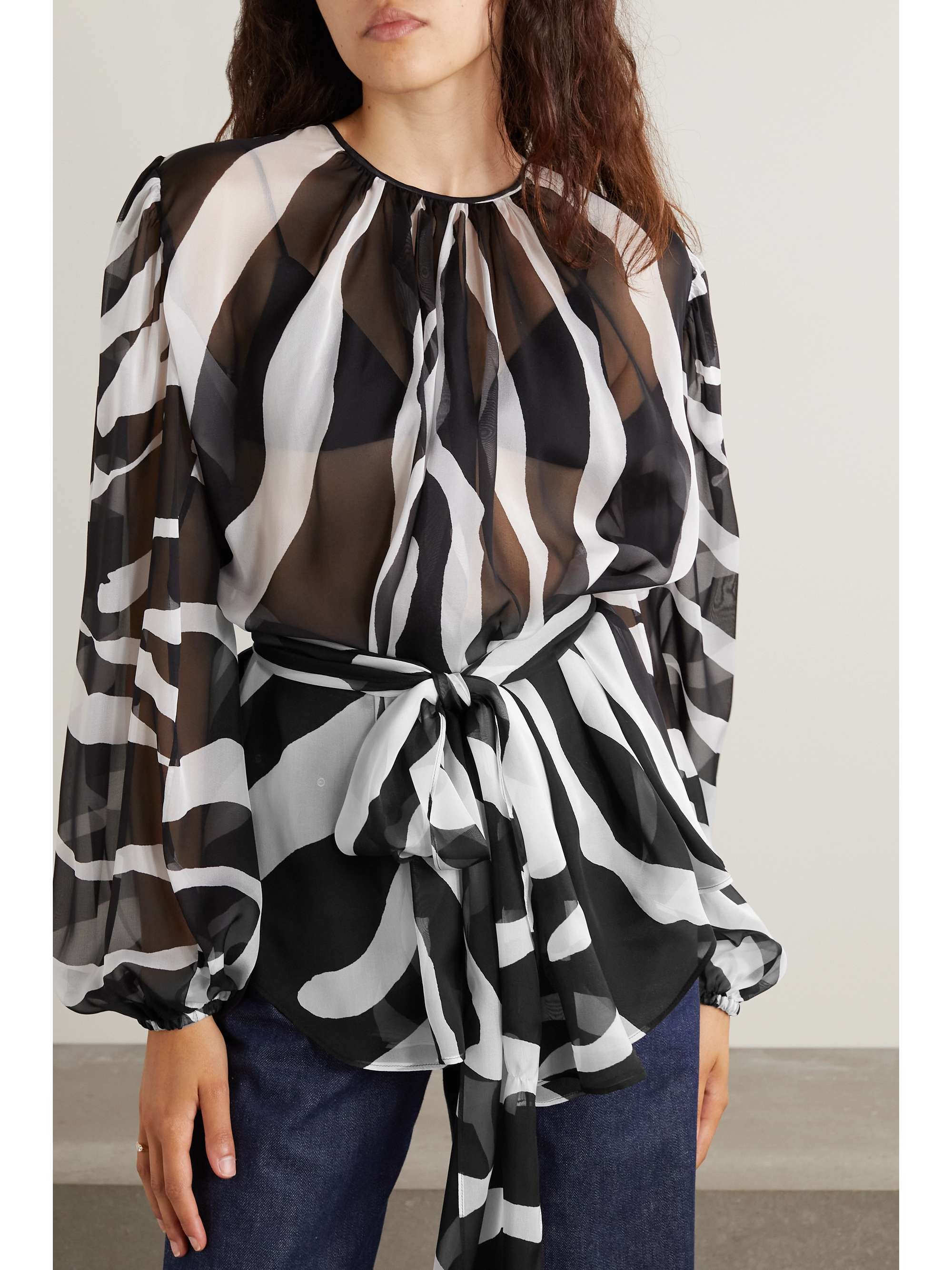 Belted gathered zebra-print chiffon blouse view