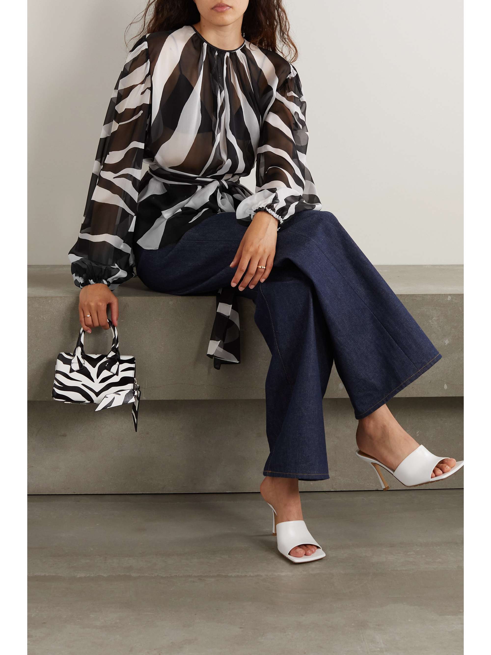 Belted gathered zebra-print chiffon blouse view