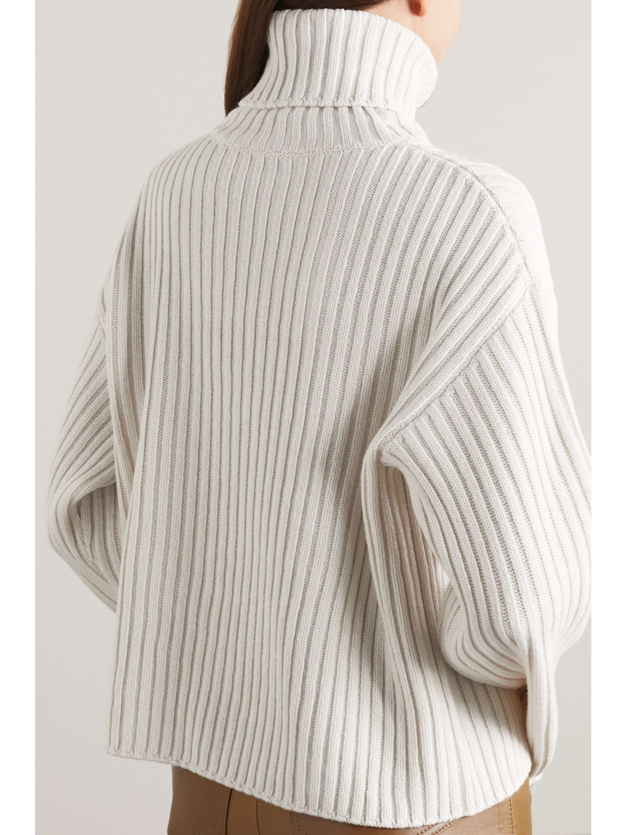 Shell-trimmed ribbed wool turtleneck sweater view