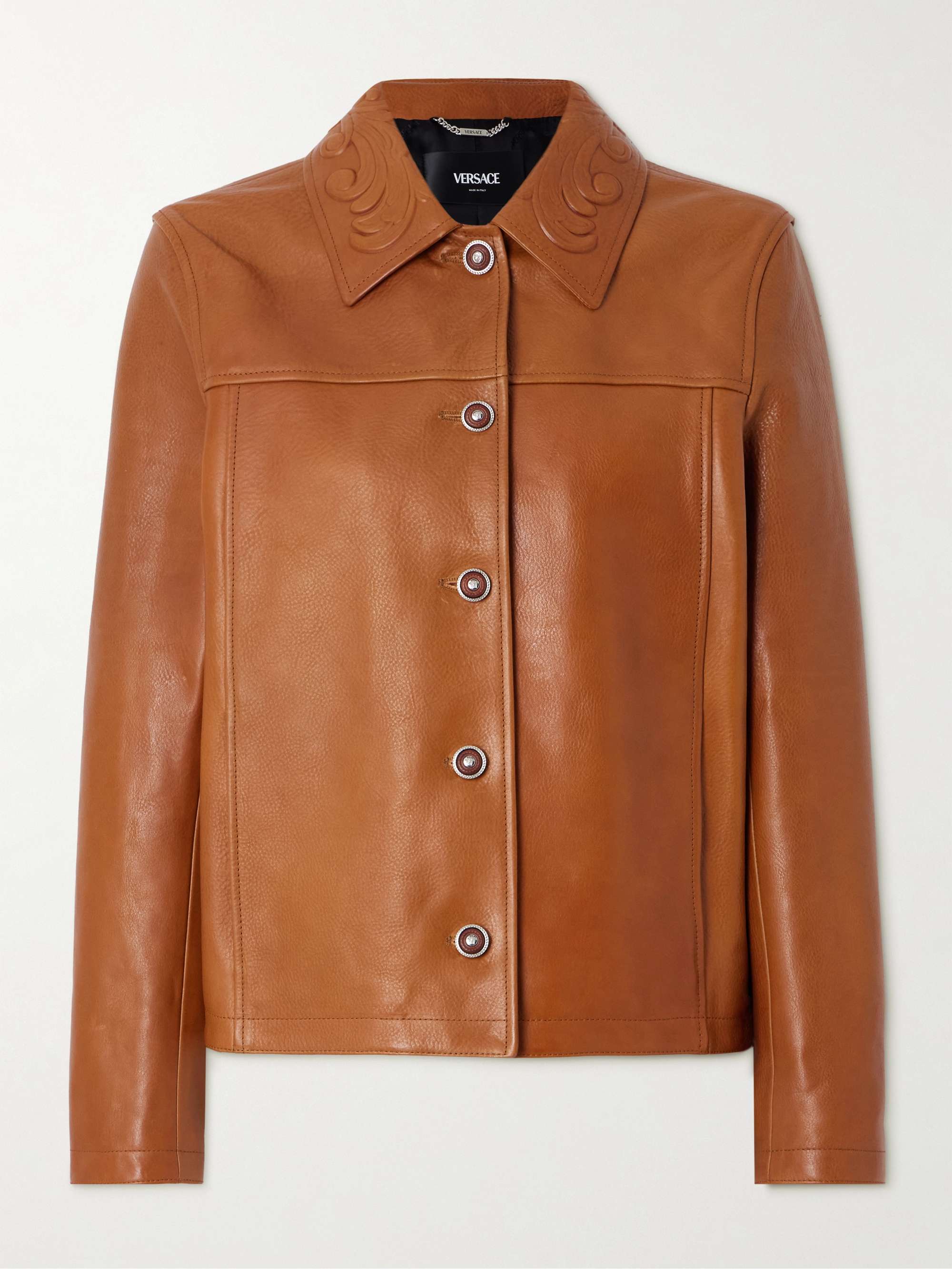 Debossed paneled textured-leather jacket view