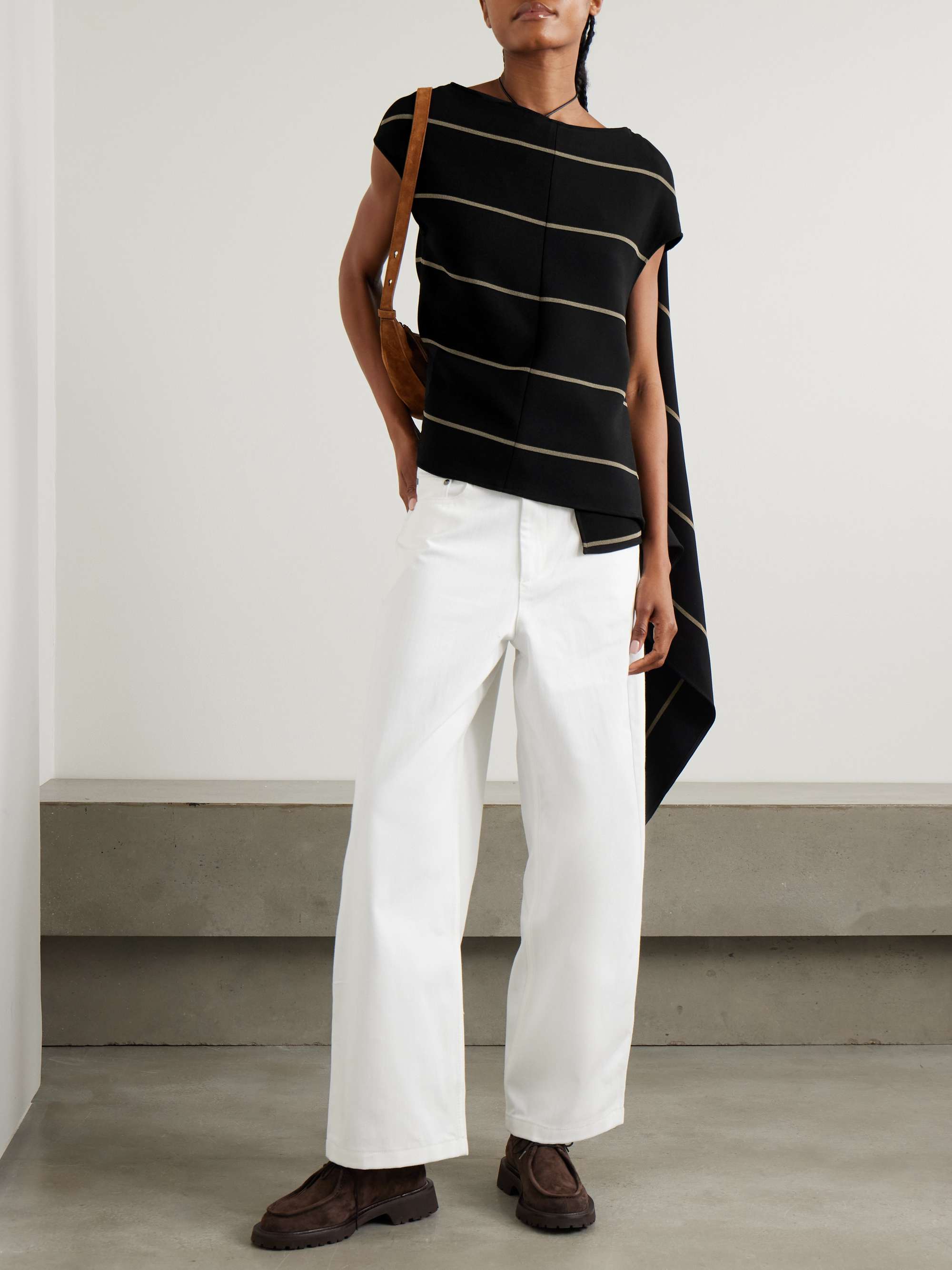 Sutton button-detailed asymmetric paneled striped crepe top view