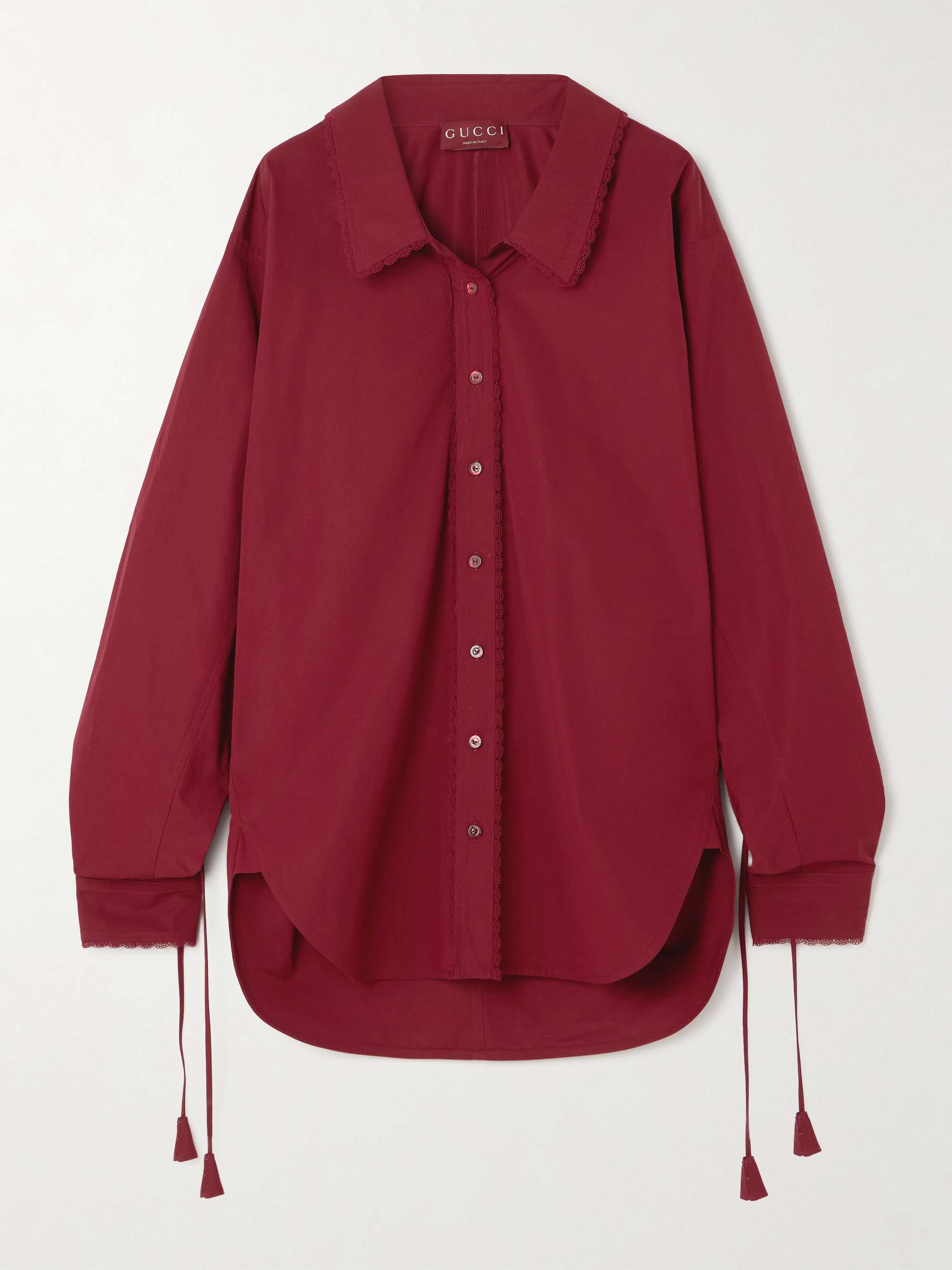 Oversized tie-detailed embossed lace-trimmed cotton-poplin shirt view