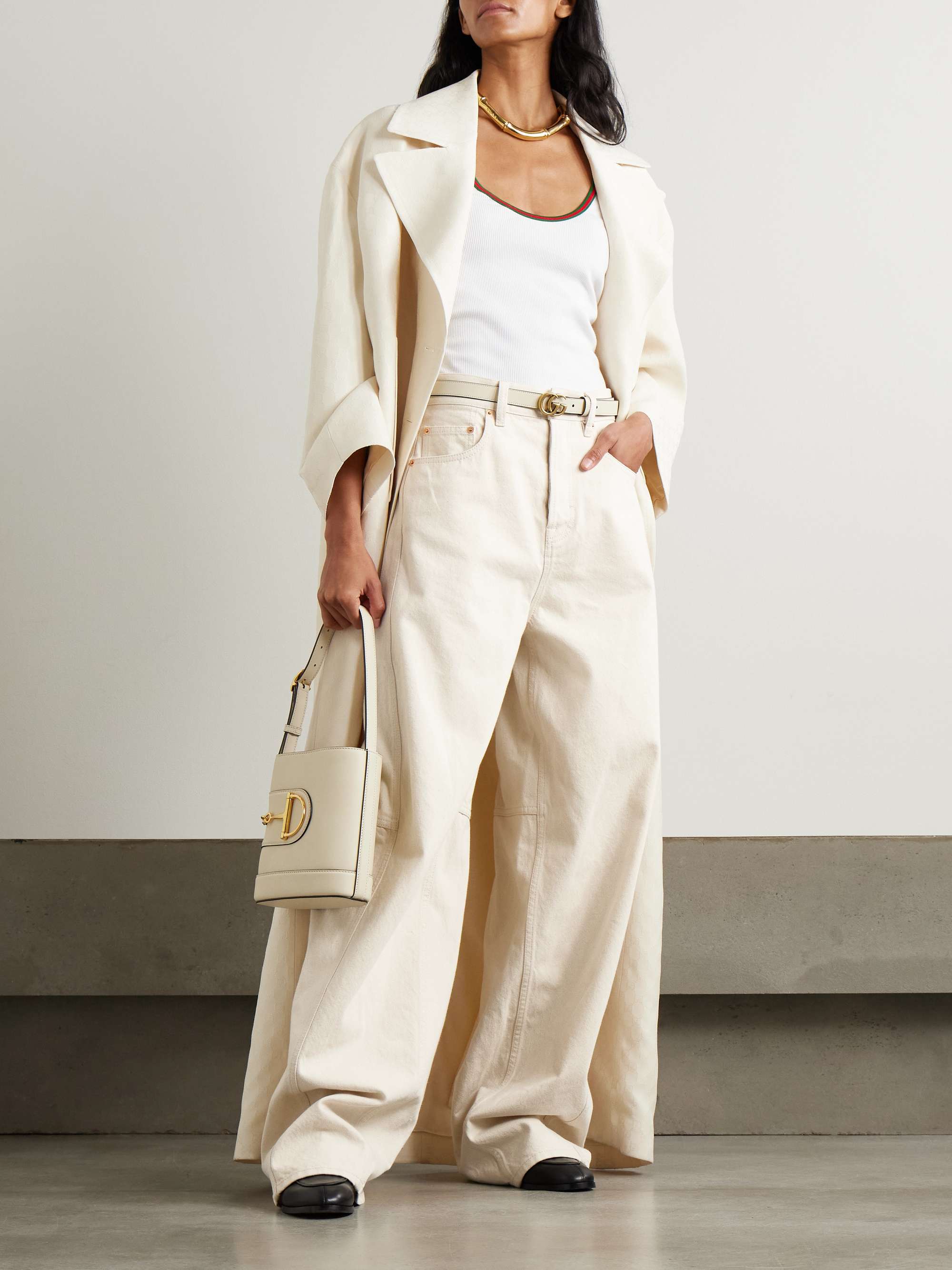 Patent leather-trimmed paneled high-rise barrel-leg jeans view