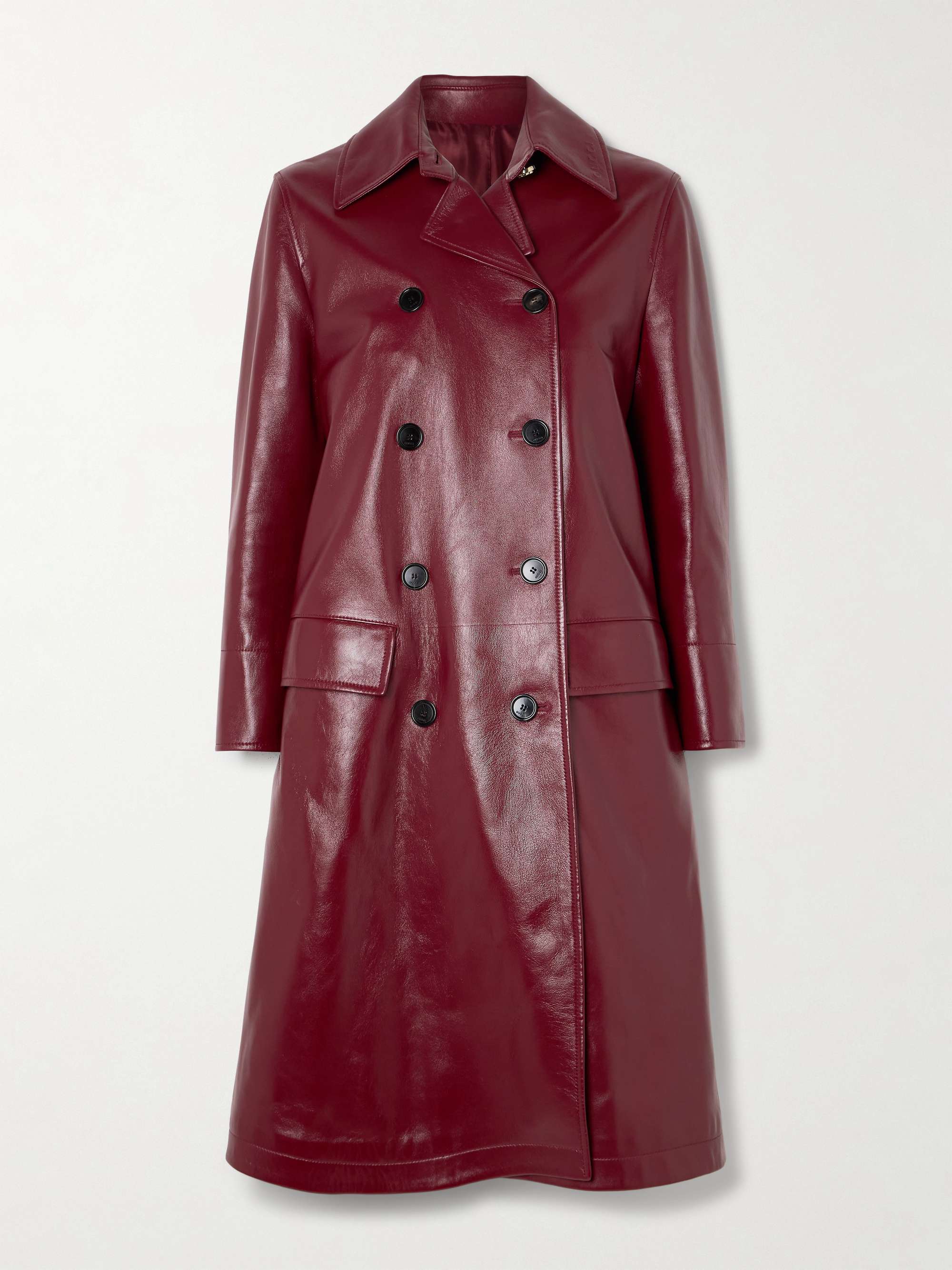 Double-breasted glossed-leather trench coat view