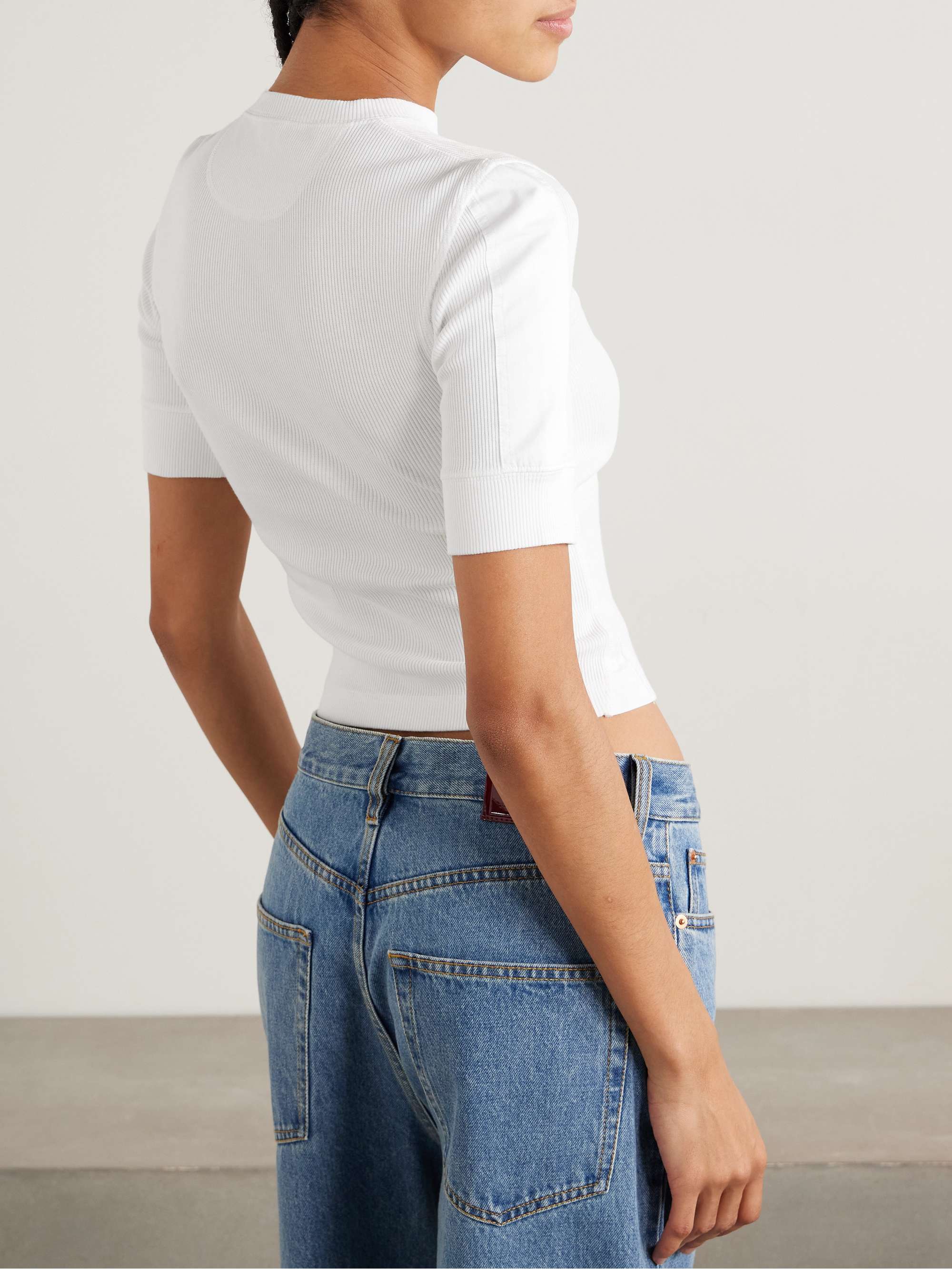Cotton-poplin trimmed ribbed cotton-blend top view