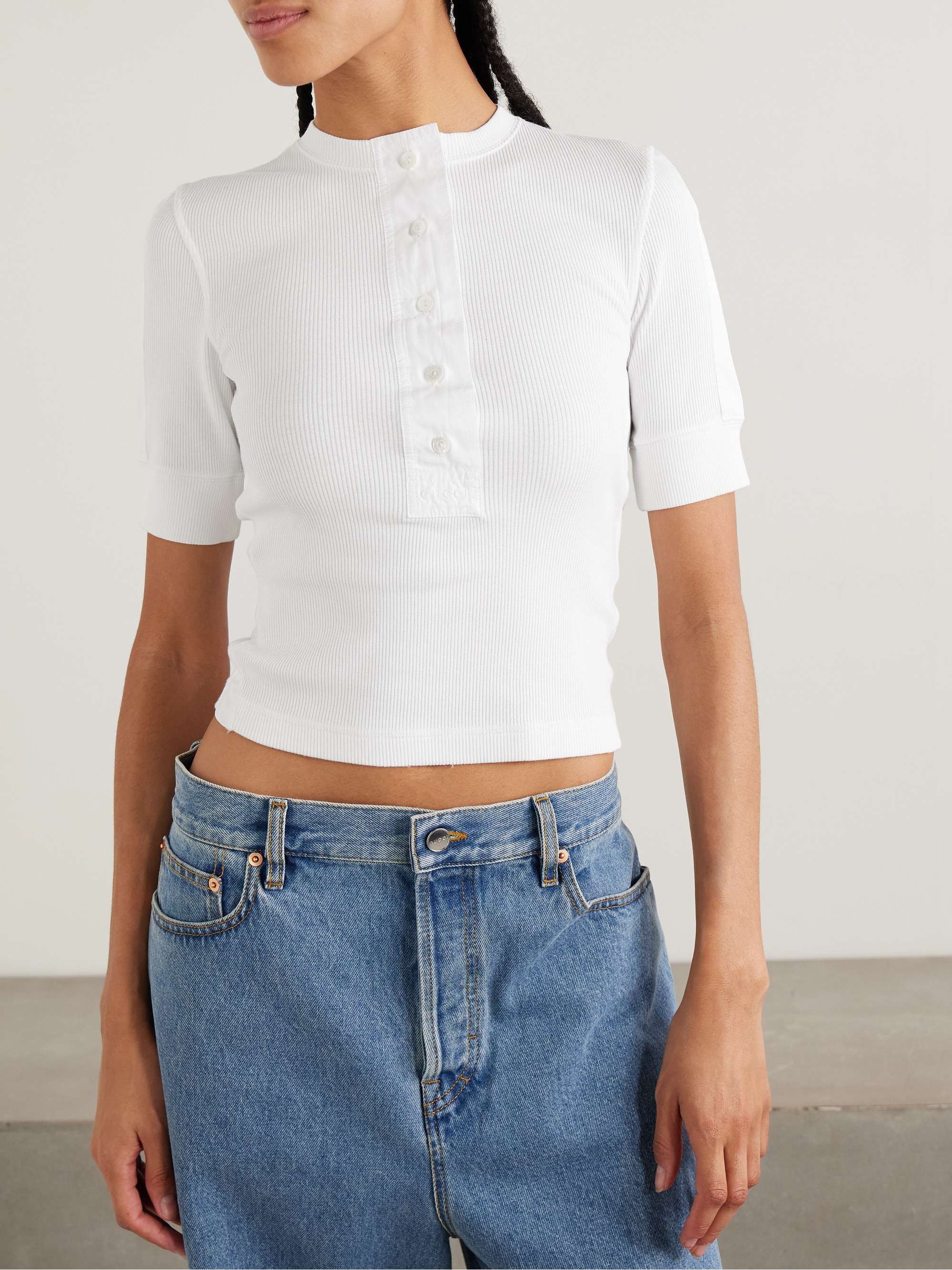Cotton-poplin trimmed ribbed cotton-blend top view
