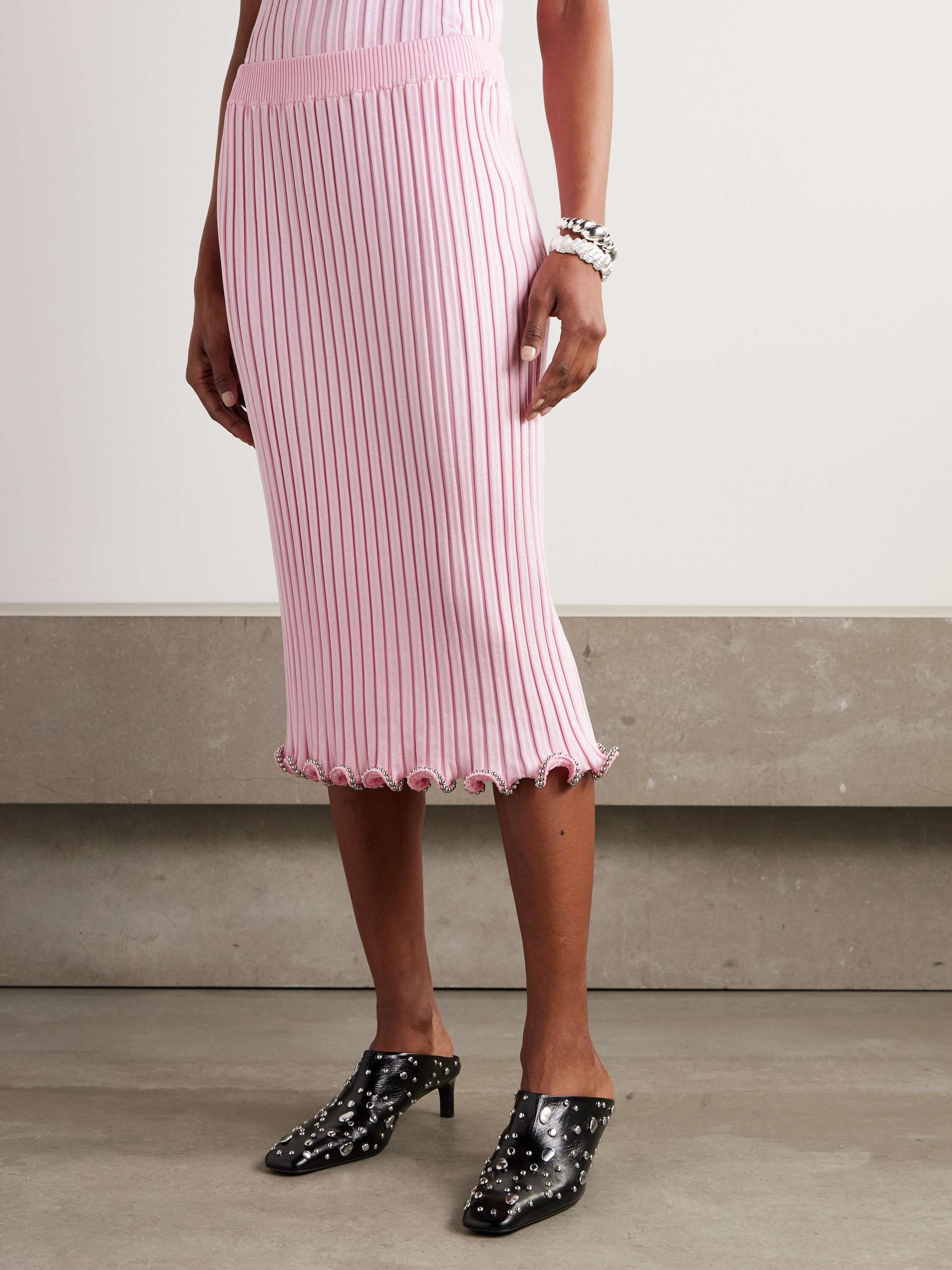 Bead-embellished ribbed-knit midi skirt view