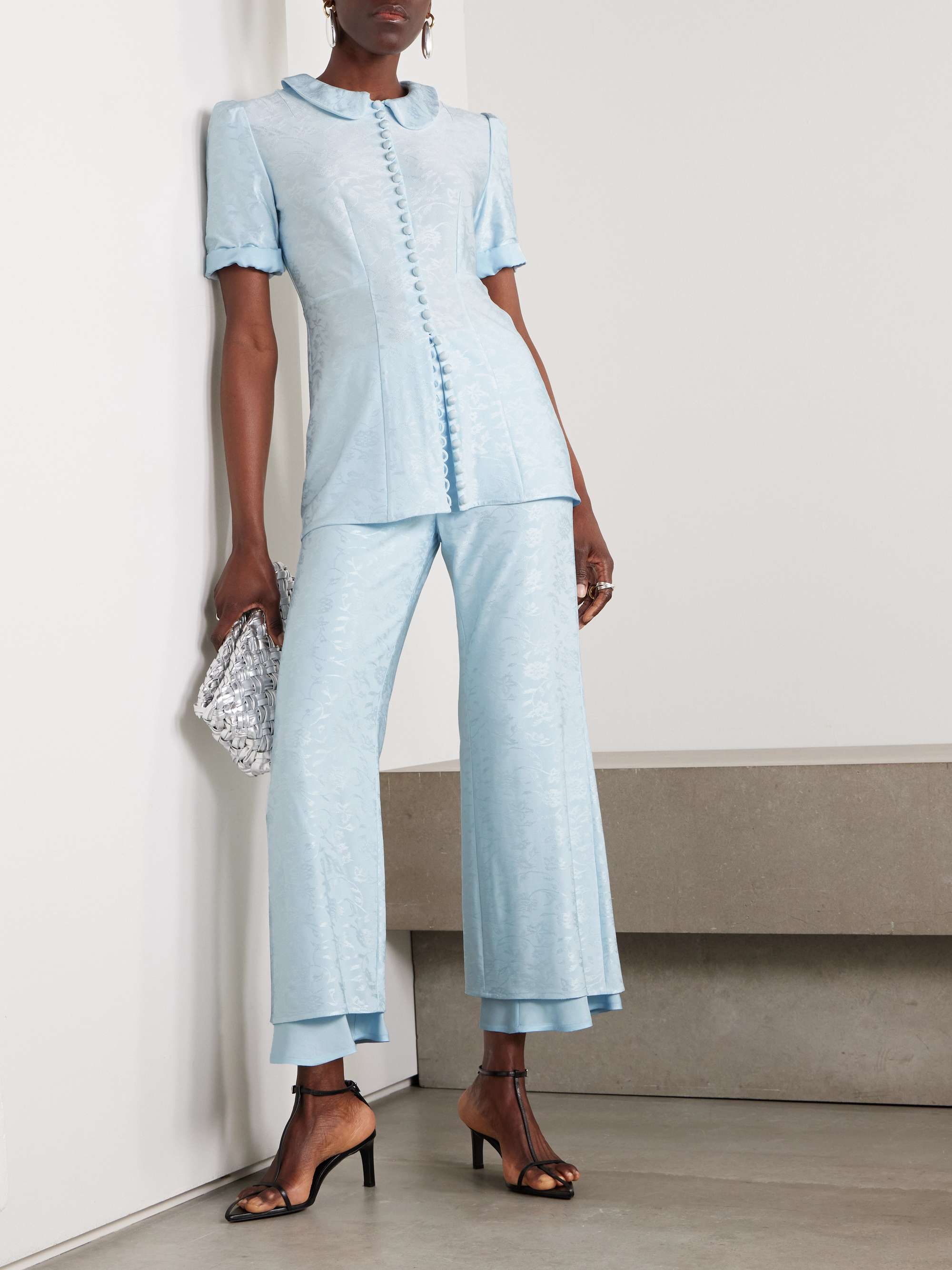Cropped floral-jacquard flared pants view