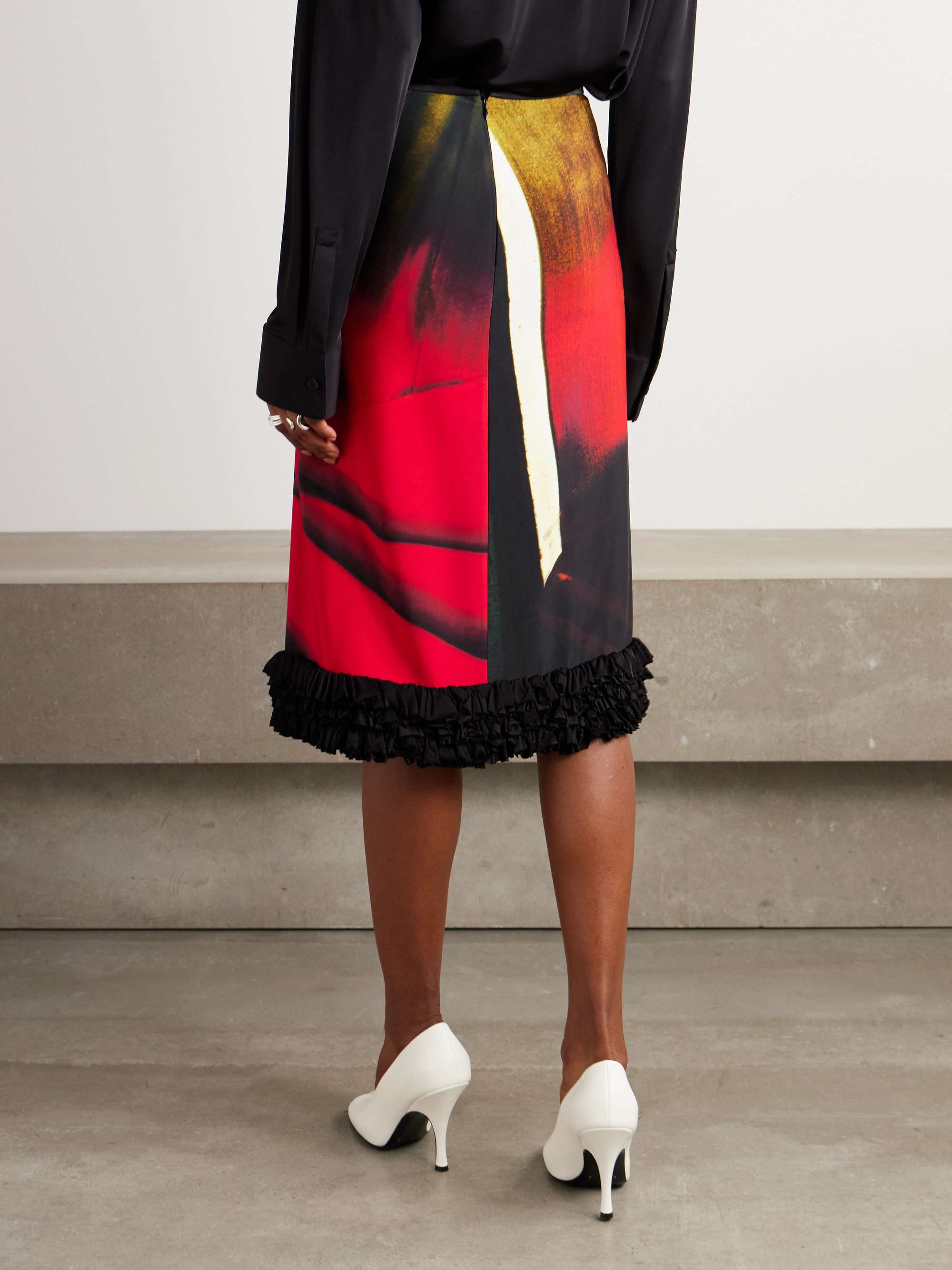 Ruffled printed satin midi skirt view