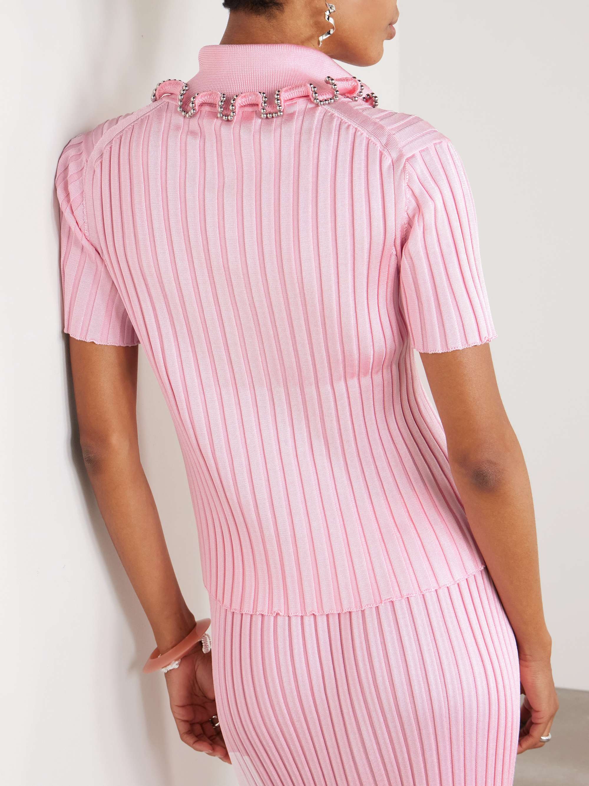 Bead-embellished ribbed-knit polo shirt view