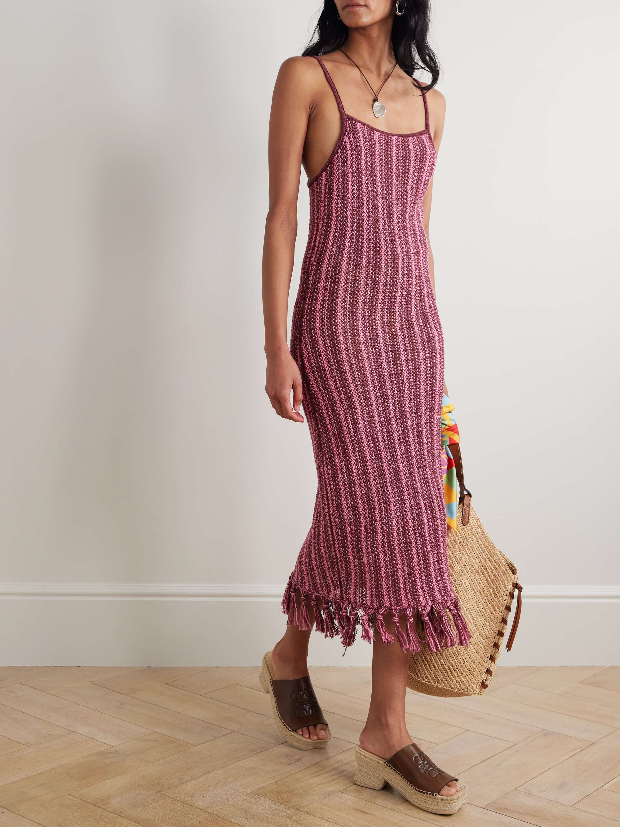 Fringed striped open-knit cotton midi dress view