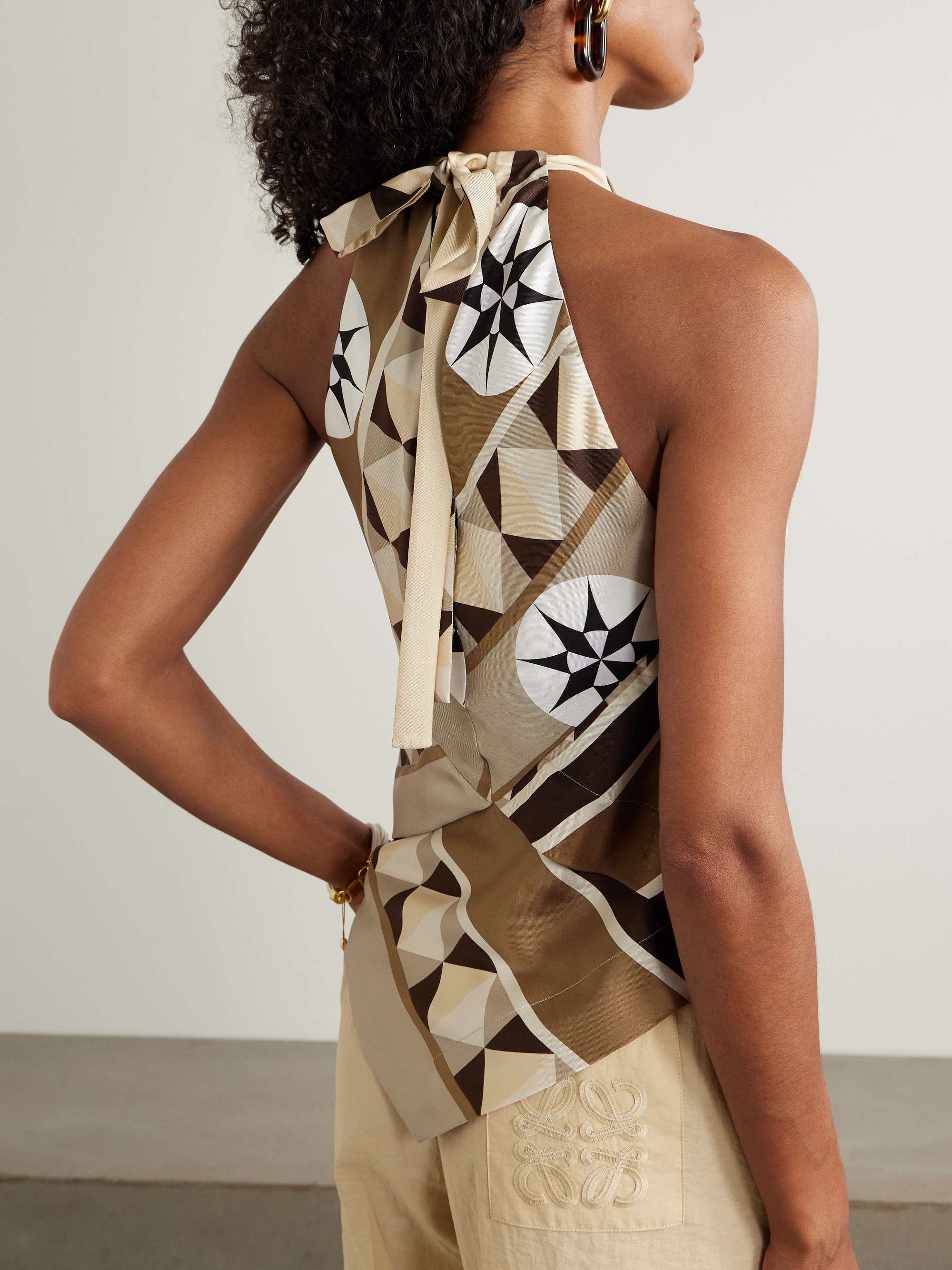 + Paula's Ibiza embellished cutout printed silk-twill halterneck top view