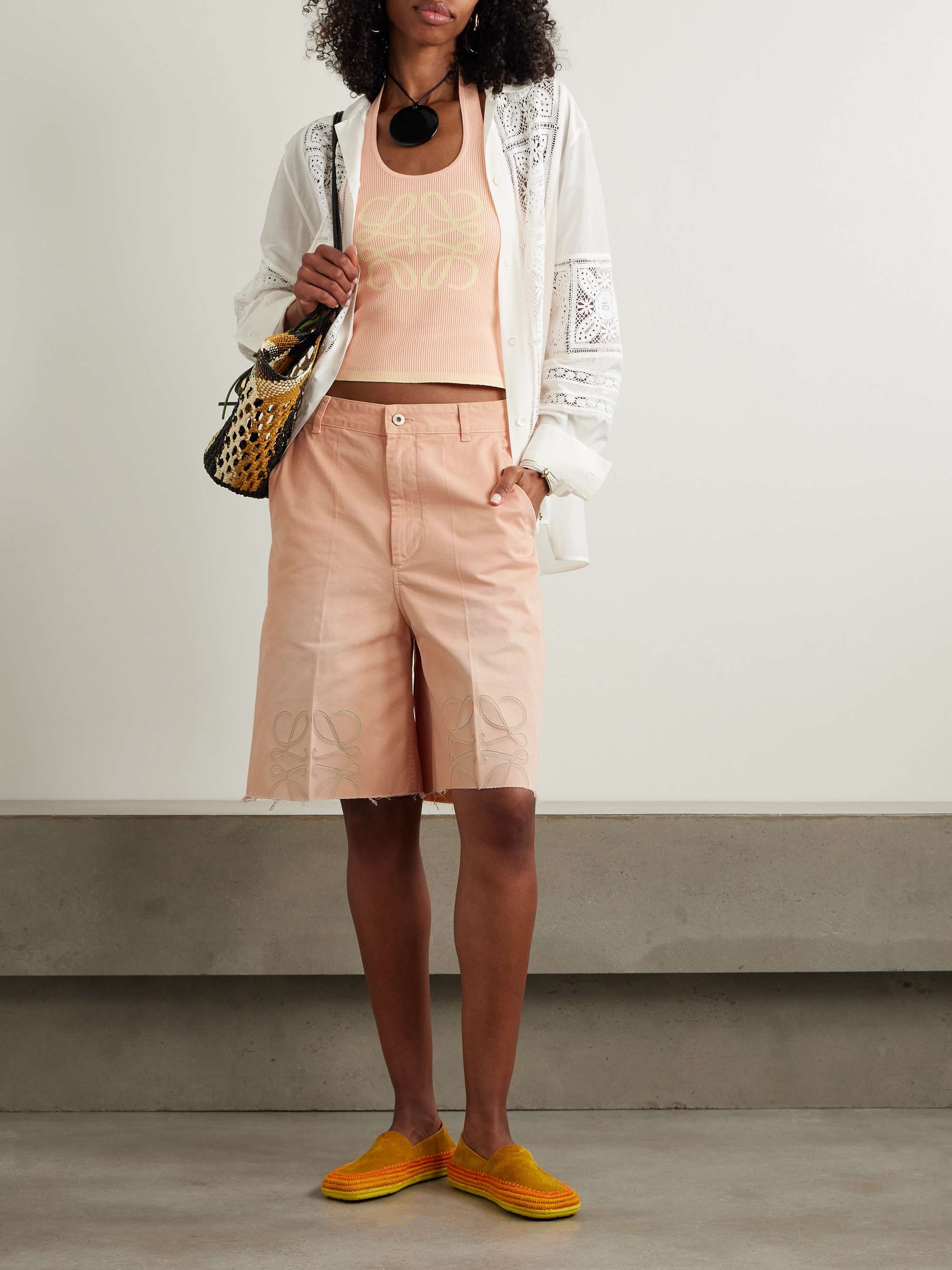 + Paula's Ibiza Anagram cutout frayed pleated cotton-twill shorts view