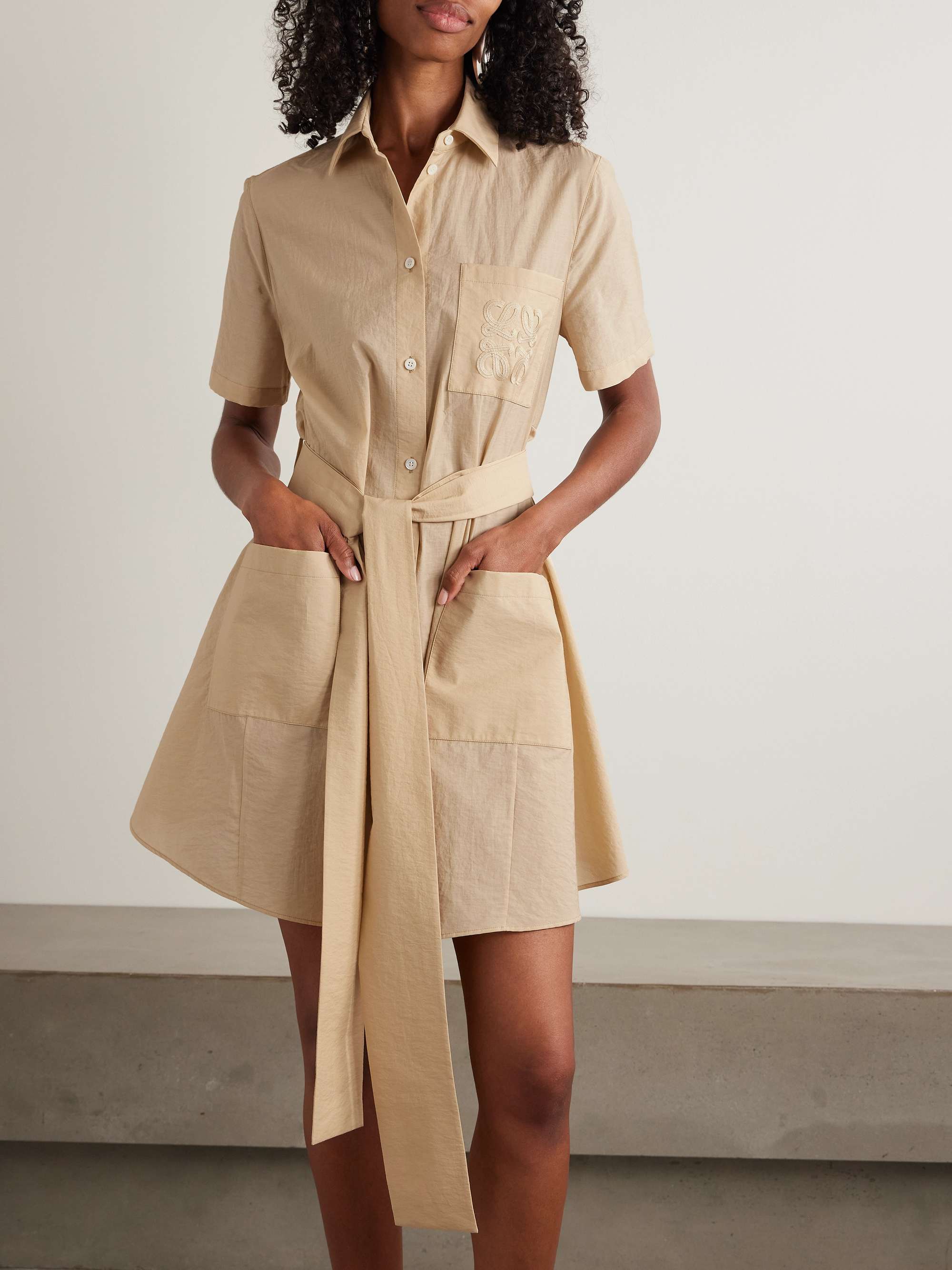 + Paula's Ibiza belted appliquéd cotton-blend mini shirt dress view