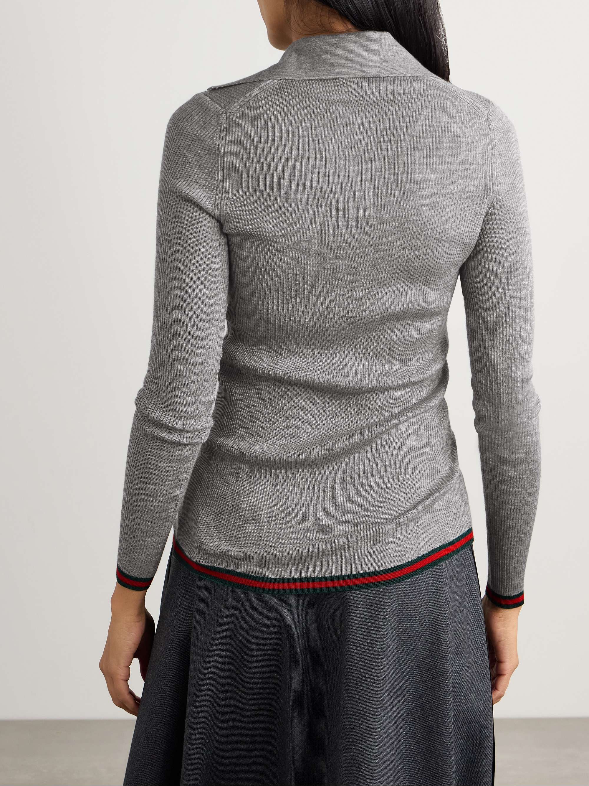Striped ribbed cashmere and silk-blend polo shirt view