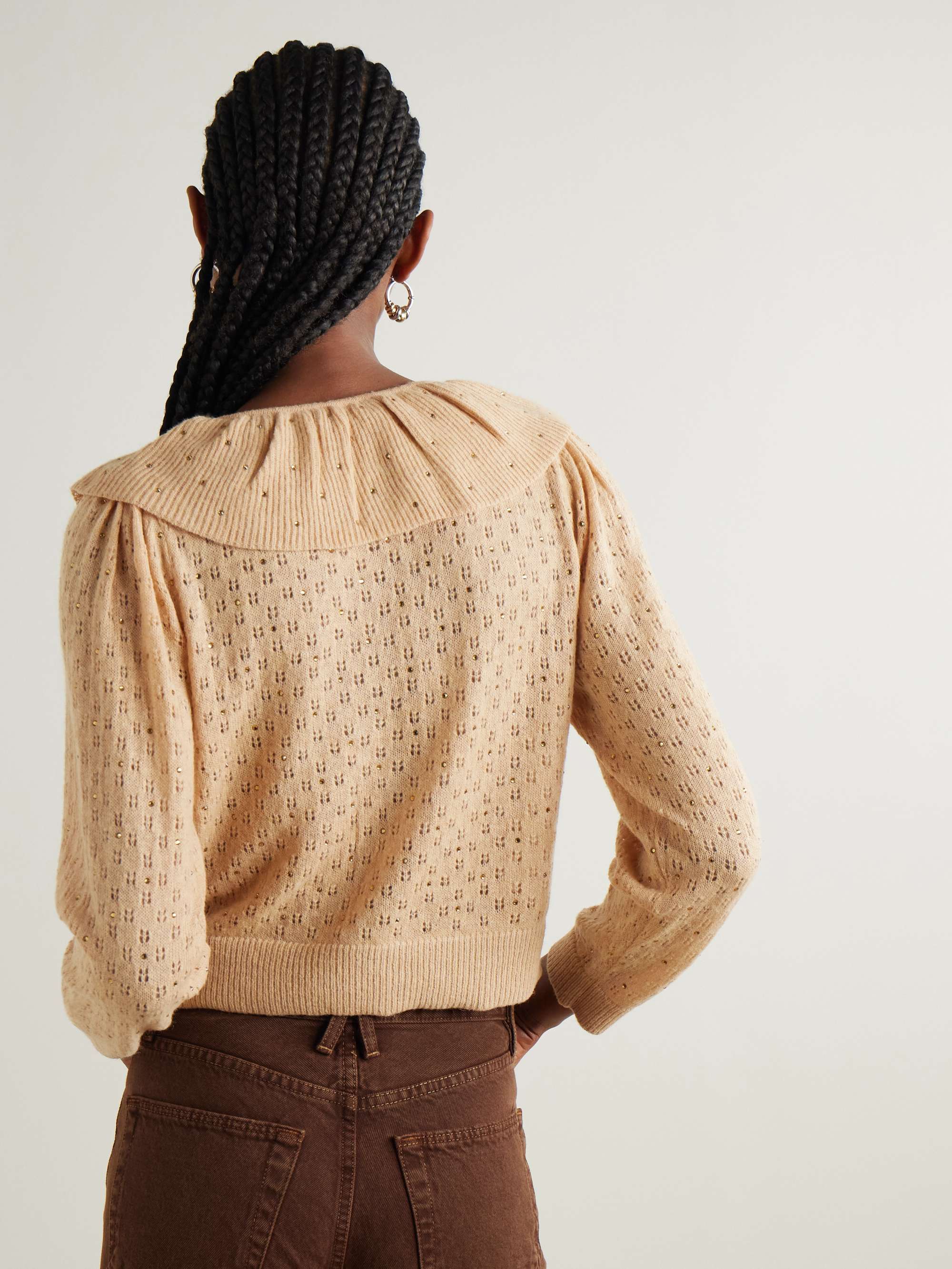 Jelena crystal-embellished ruffled pointelle-knit cardigan view