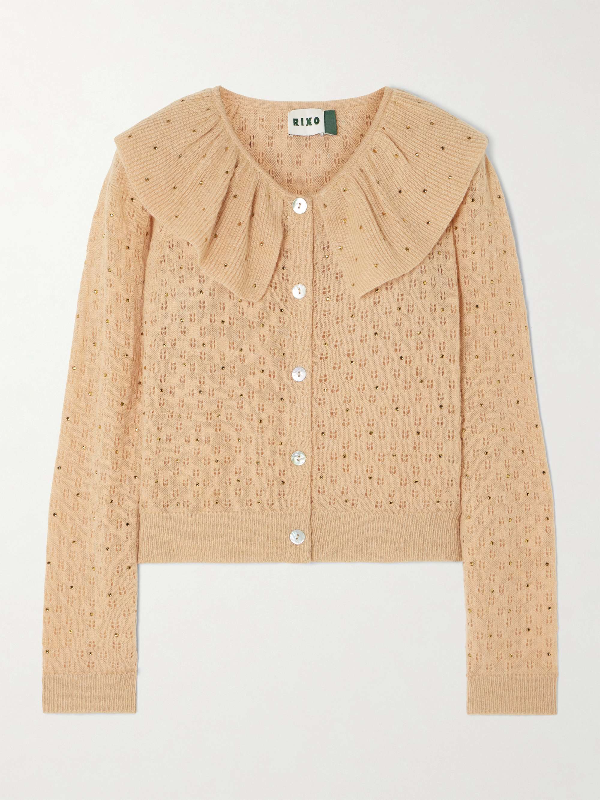 Jelena crystal-embellished ruffled pointelle-knit cardigan view