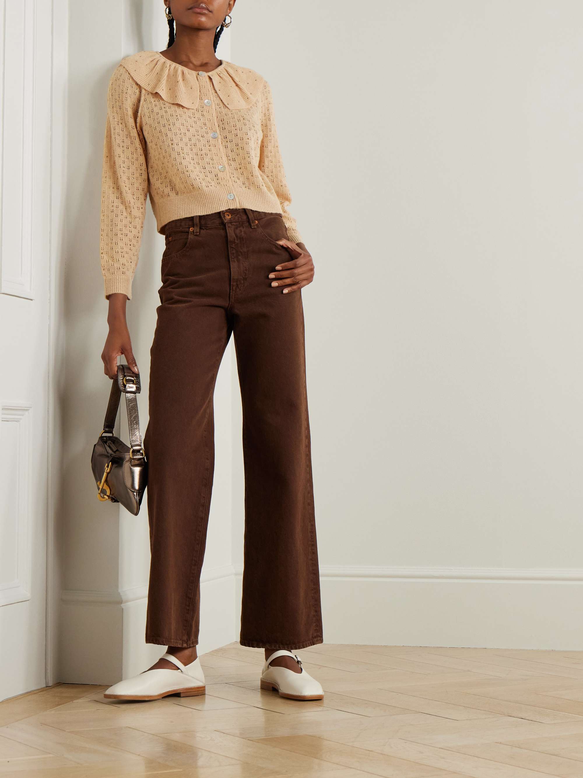 Jelena crystal-embellished ruffled pointelle-knit cardigan view