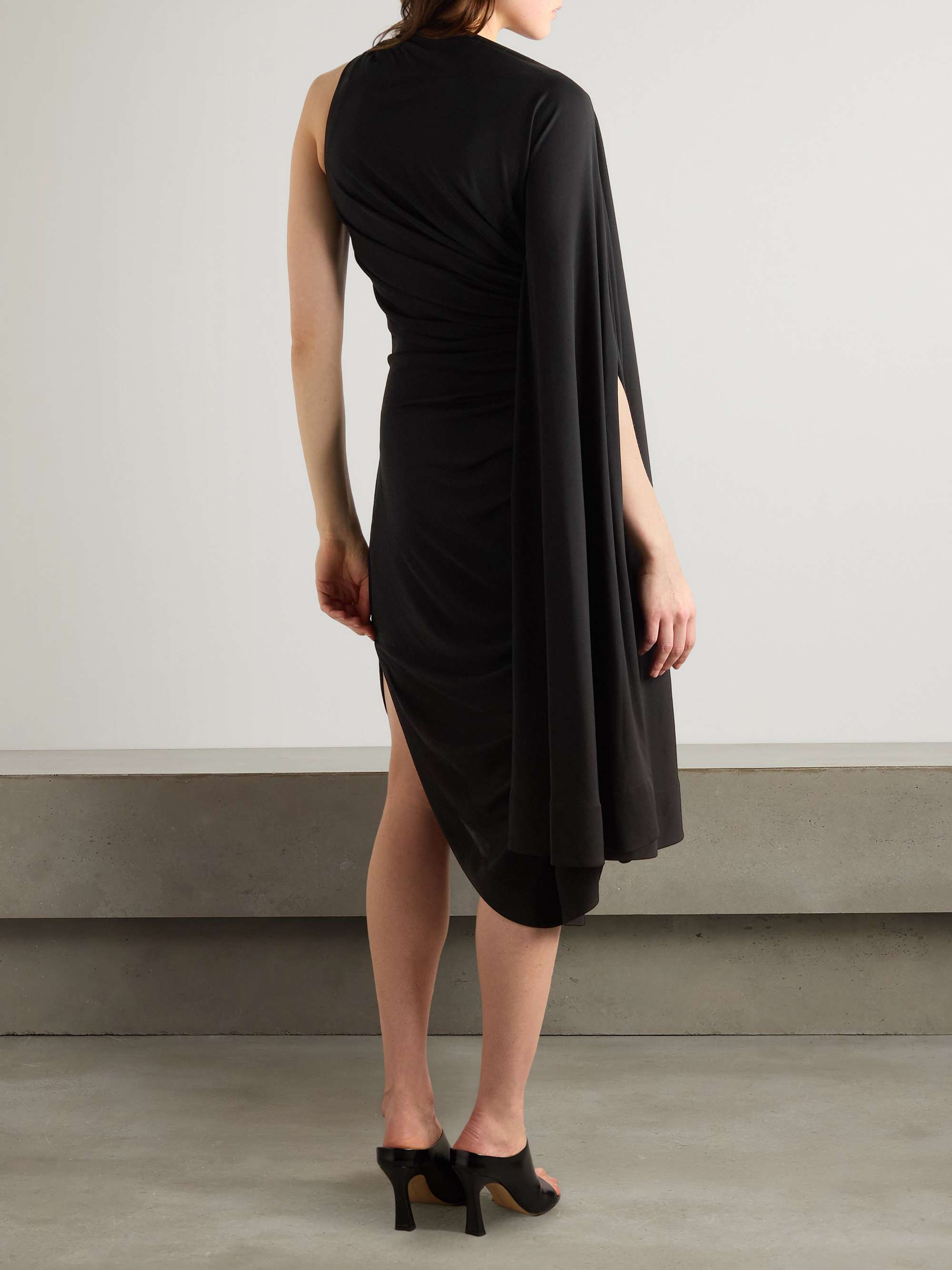 Asymmetric cape-effect embellished draped jersey dress view