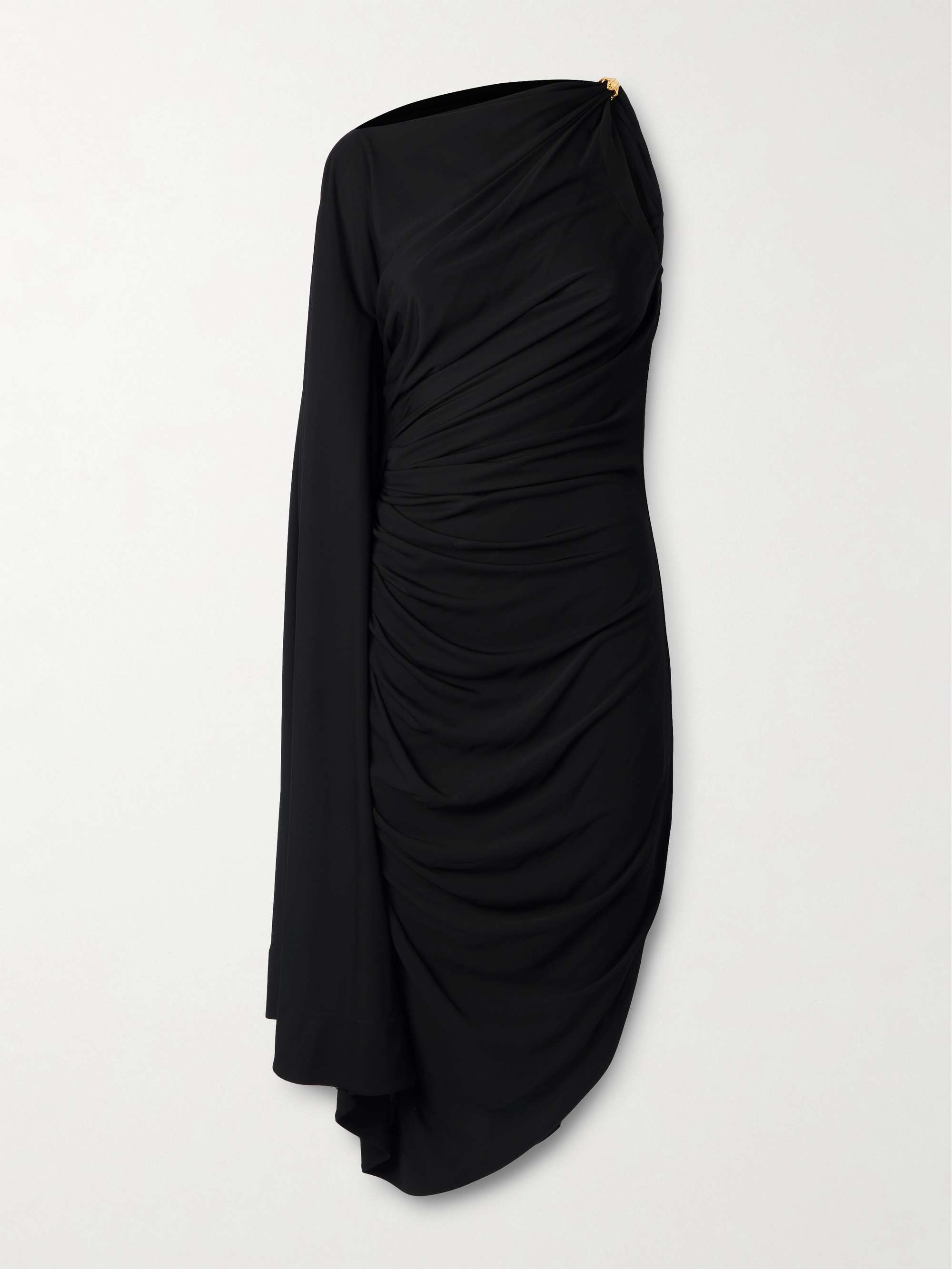 Asymmetric cape-effect embellished draped jersey dress view