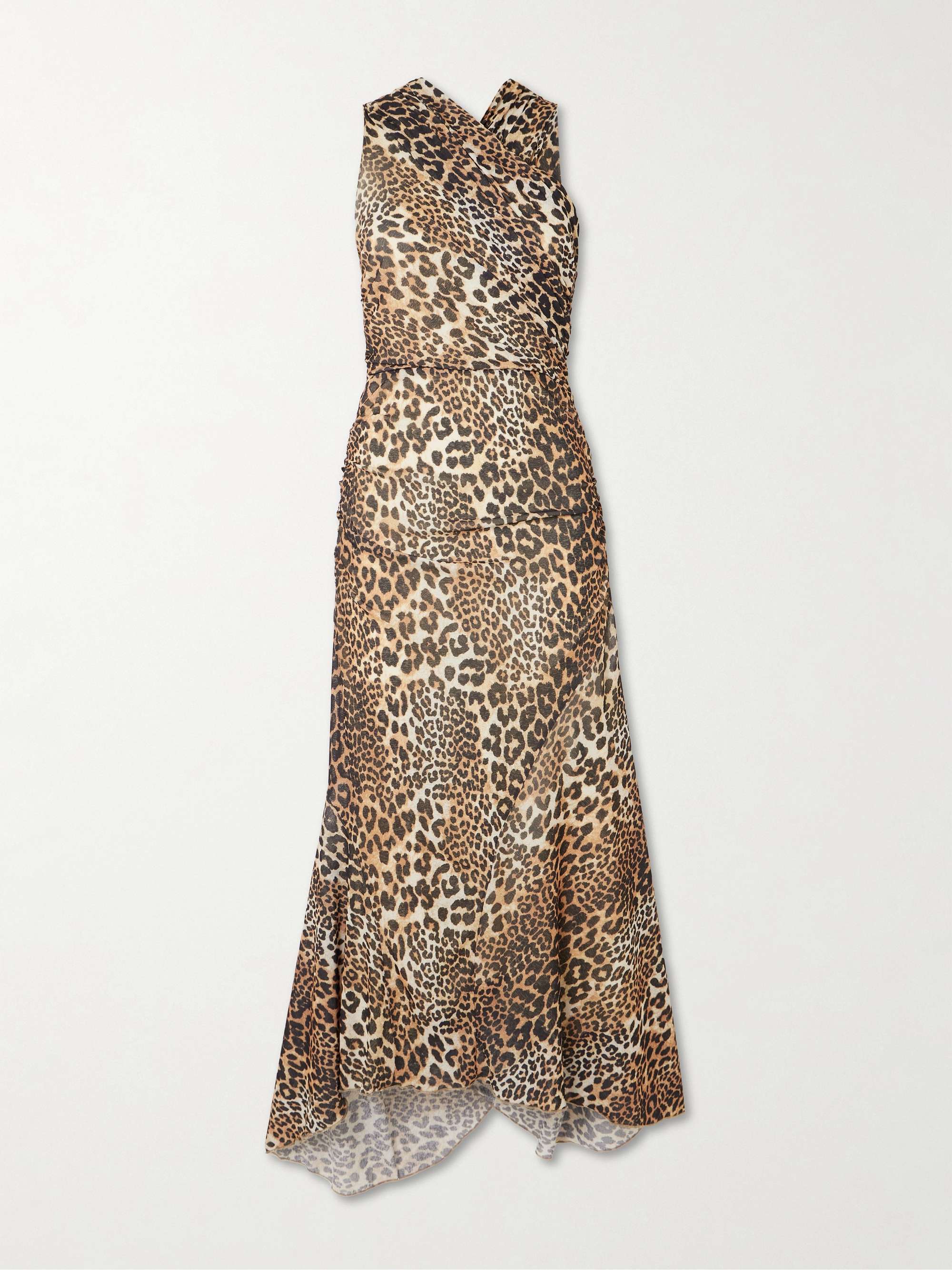 Asymmetric draped leopard-print stretch recycled-mesh midi dress view
