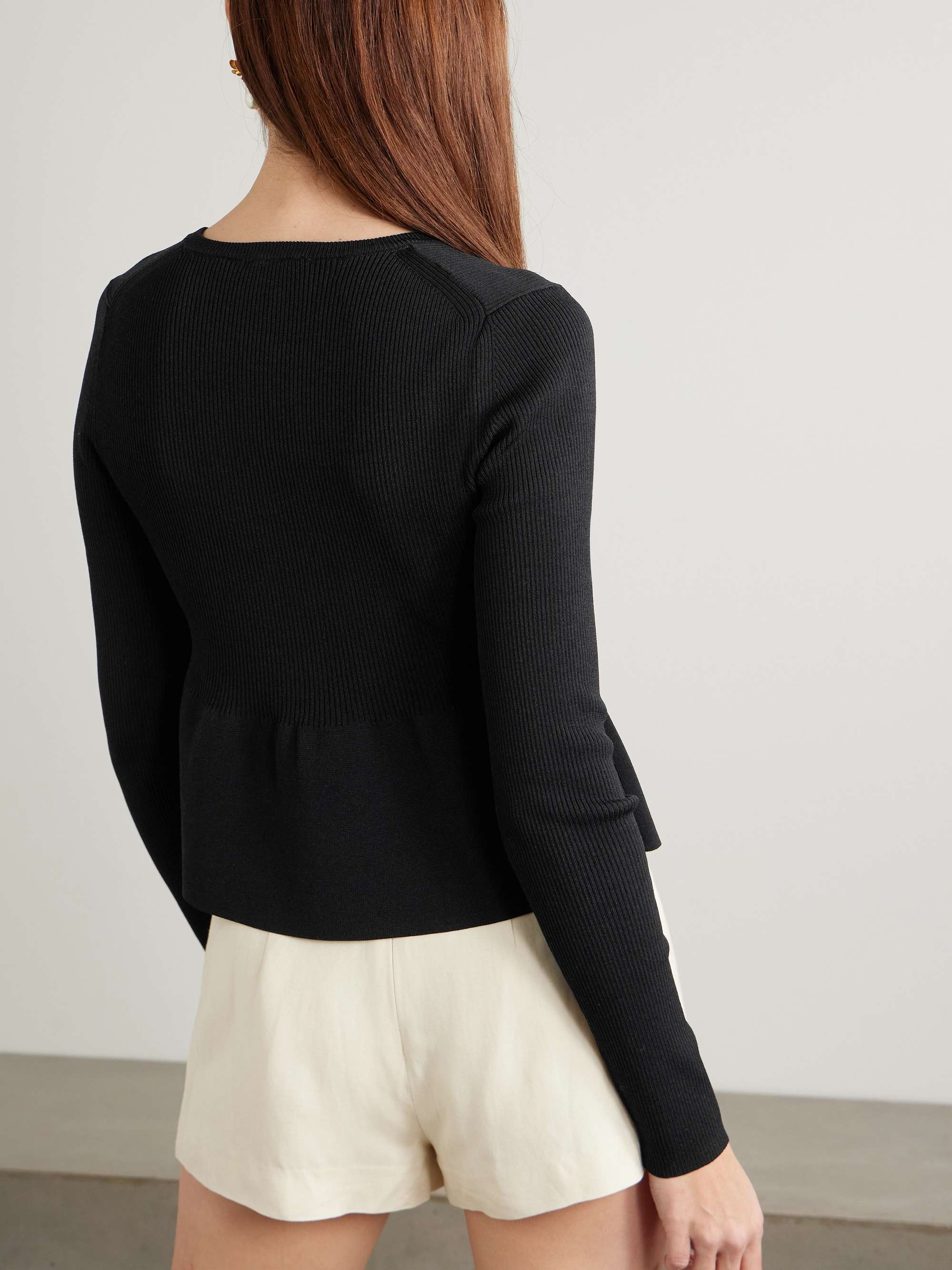 Cropped tie-detailed ruffled ribbed-knit cardigan view