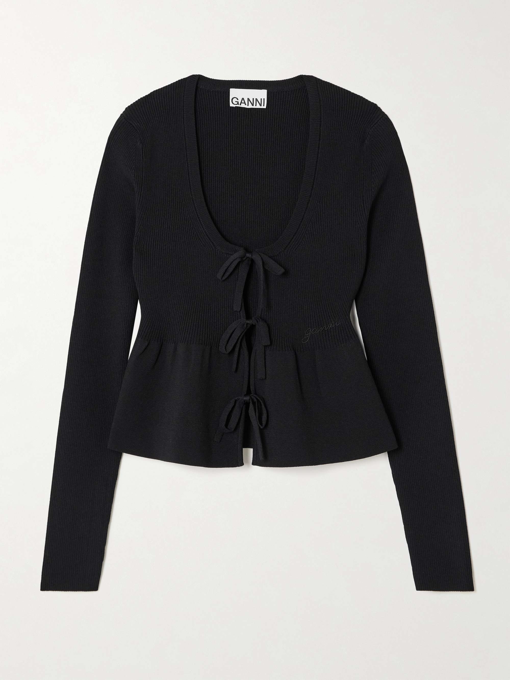Cropped tie-detailed ruffled ribbed-knit cardigan view