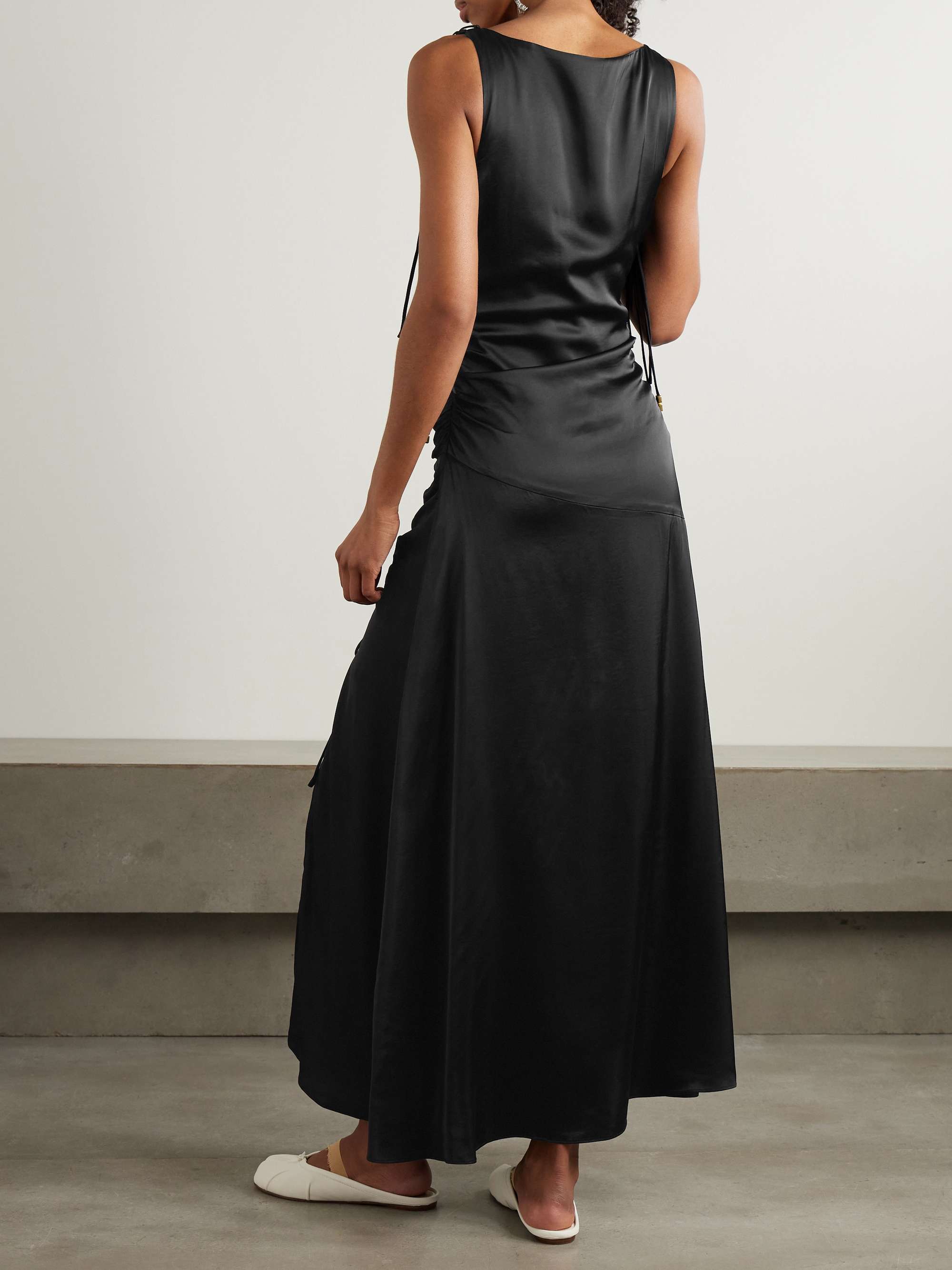 Tie-detailed ruched satin midi dress view
