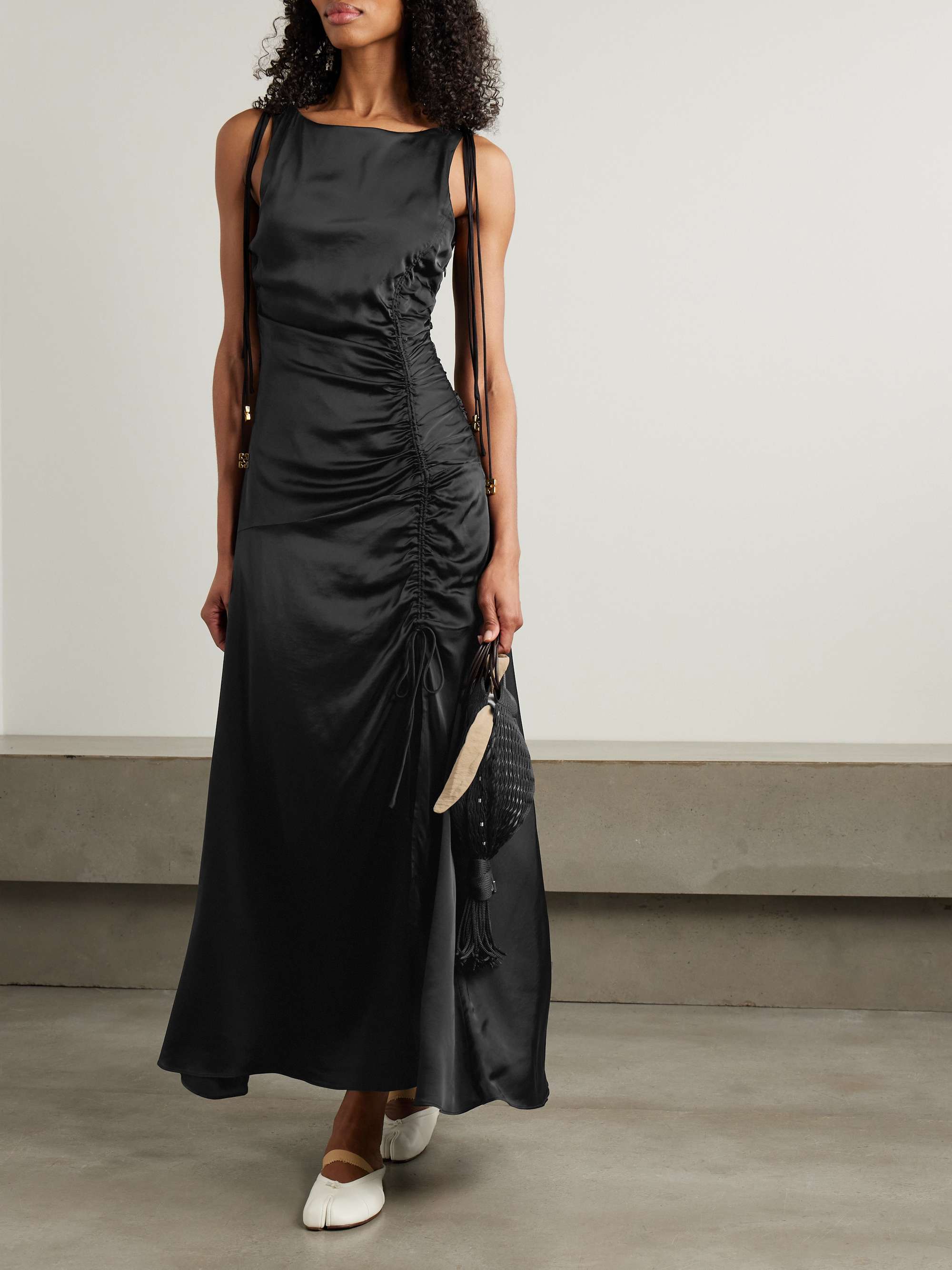 Tie-detailed ruched satin midi dress view
