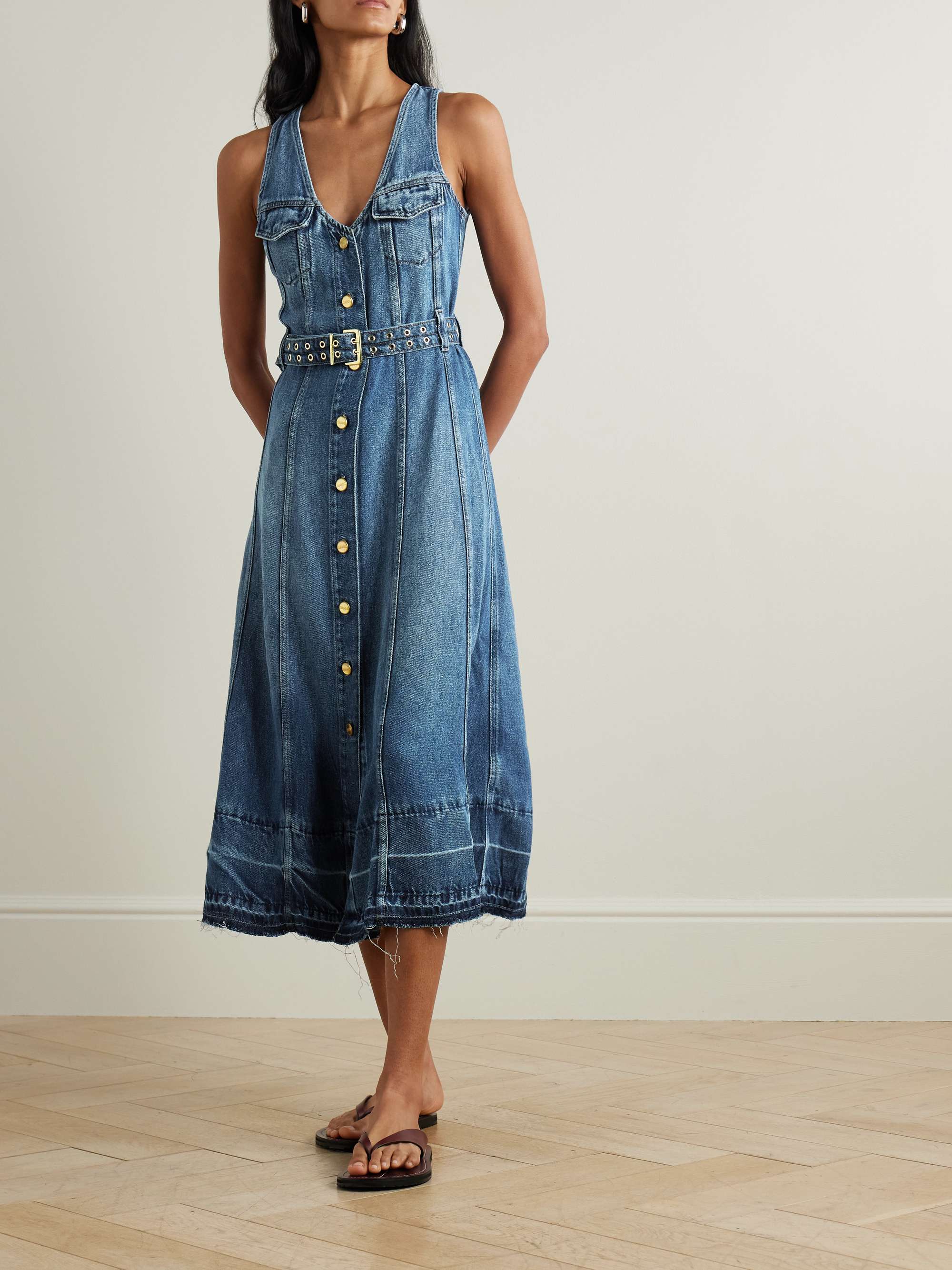 Belted frayed denim midi dress view