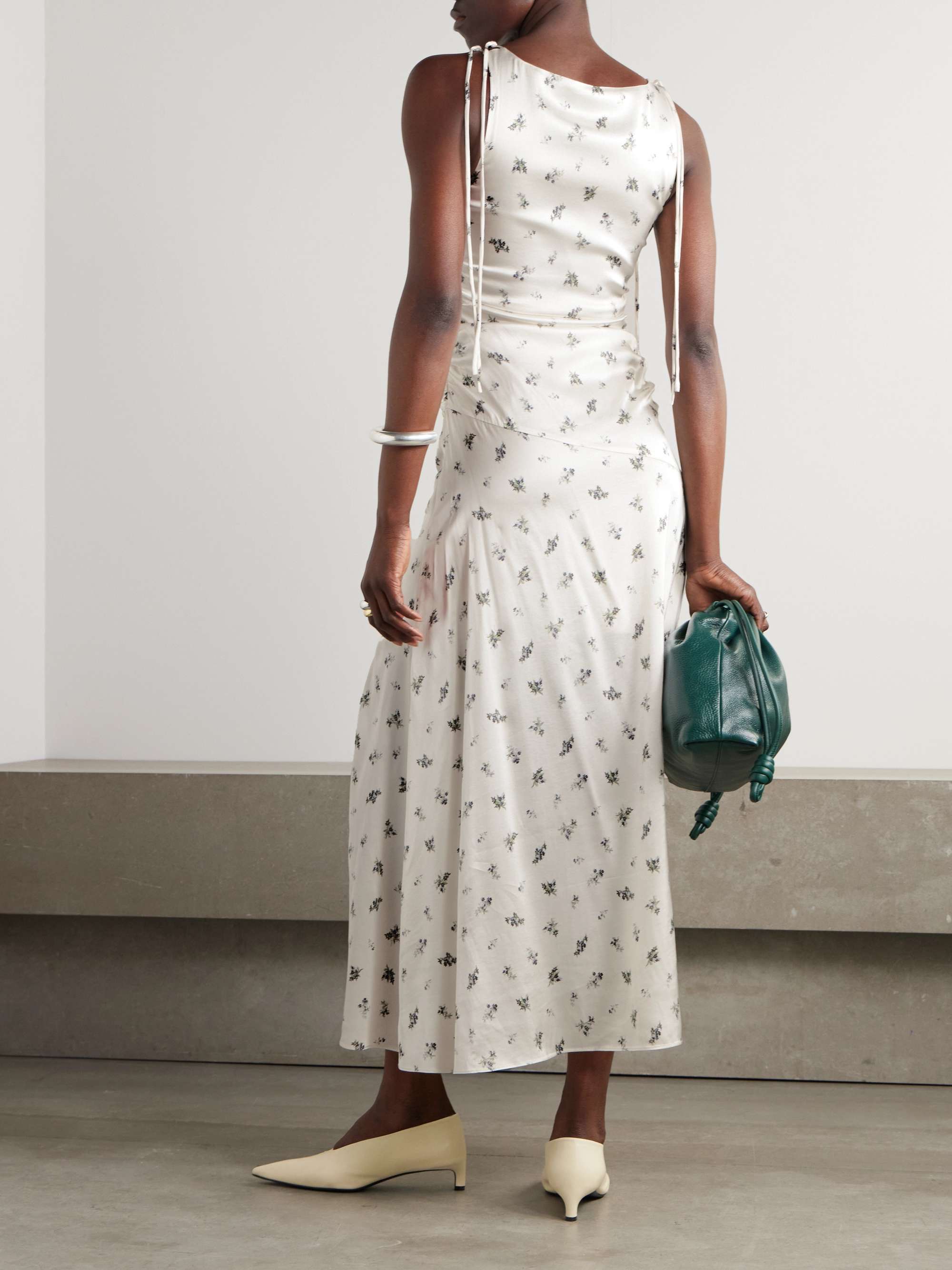 Gathered tie-detailed floral-print satin midi dress view