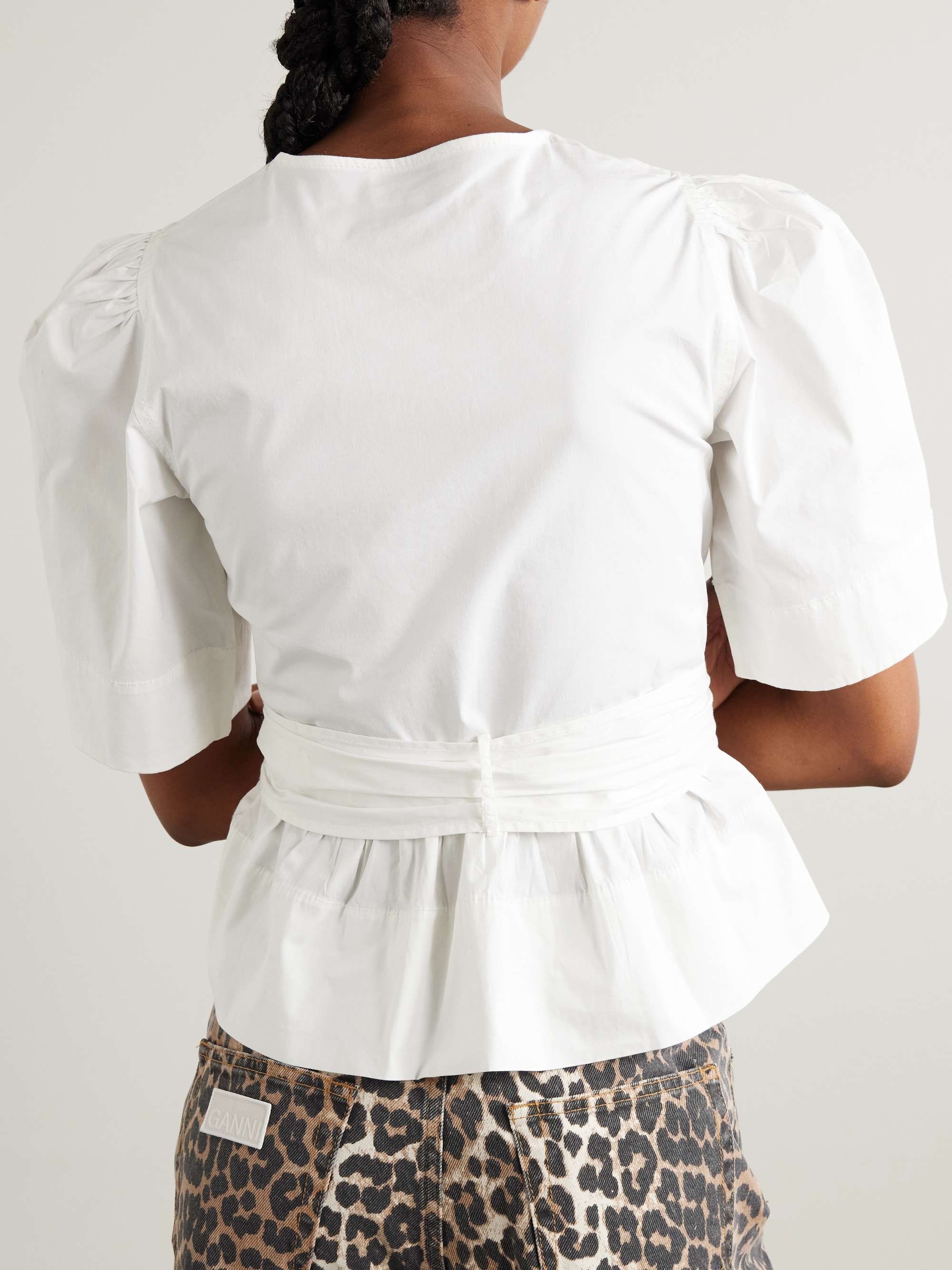 Belted tie-detailed gathered cotton-blend poplin blouse view