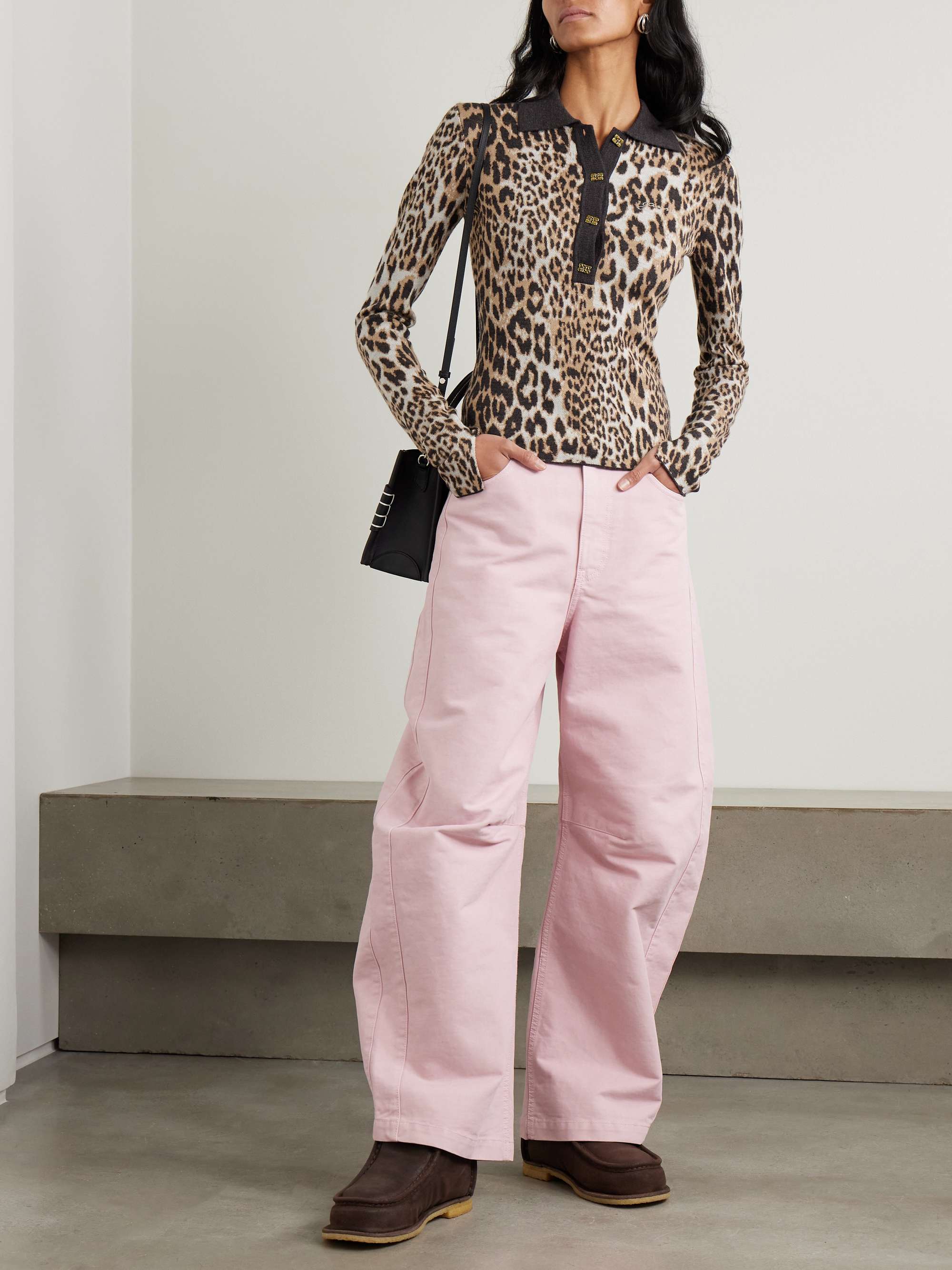 Leopard-print jacquard-knit merino wool polo sweater view