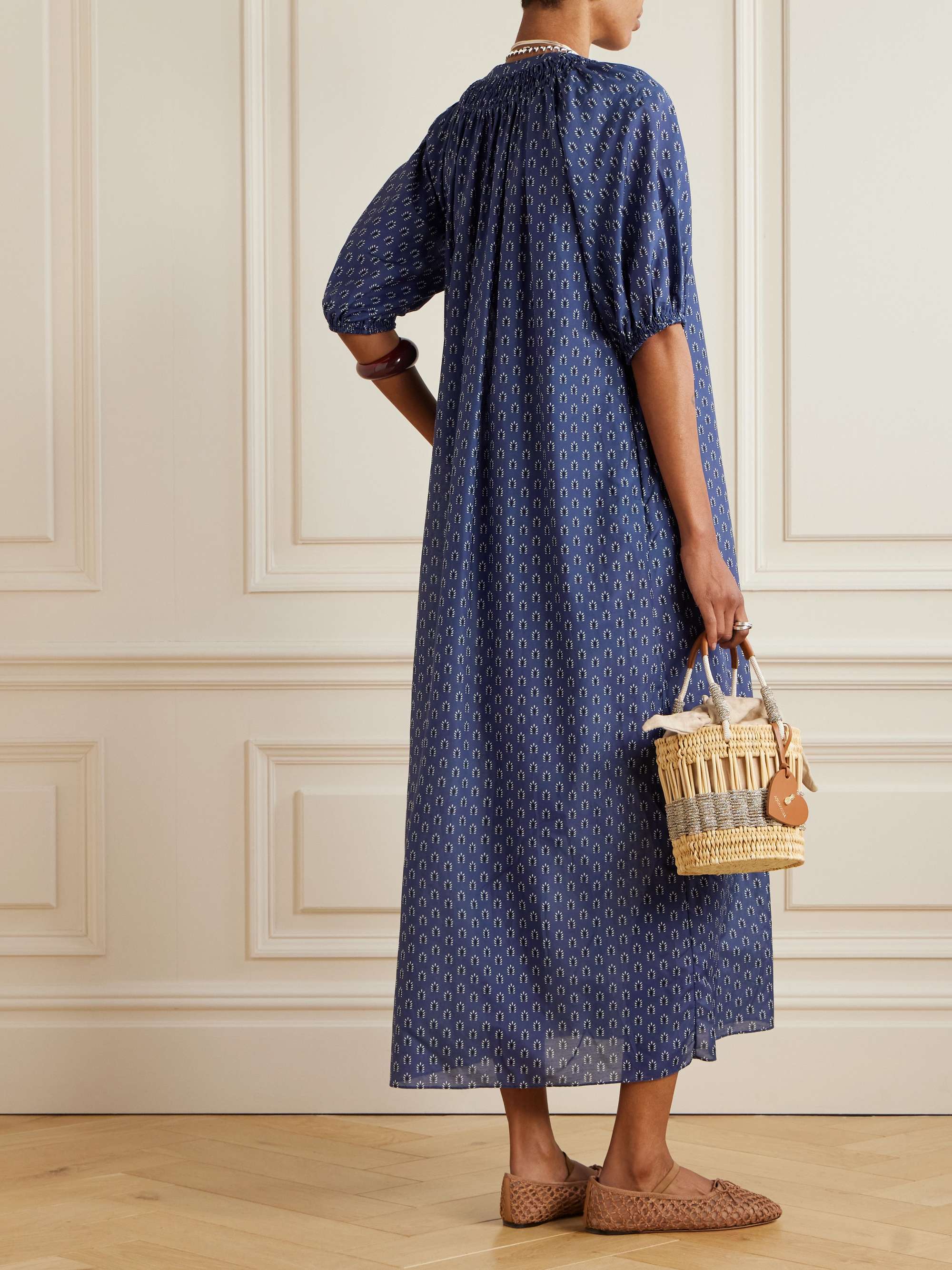 Gathered printed organic cotton and silk-blend maxi dress view