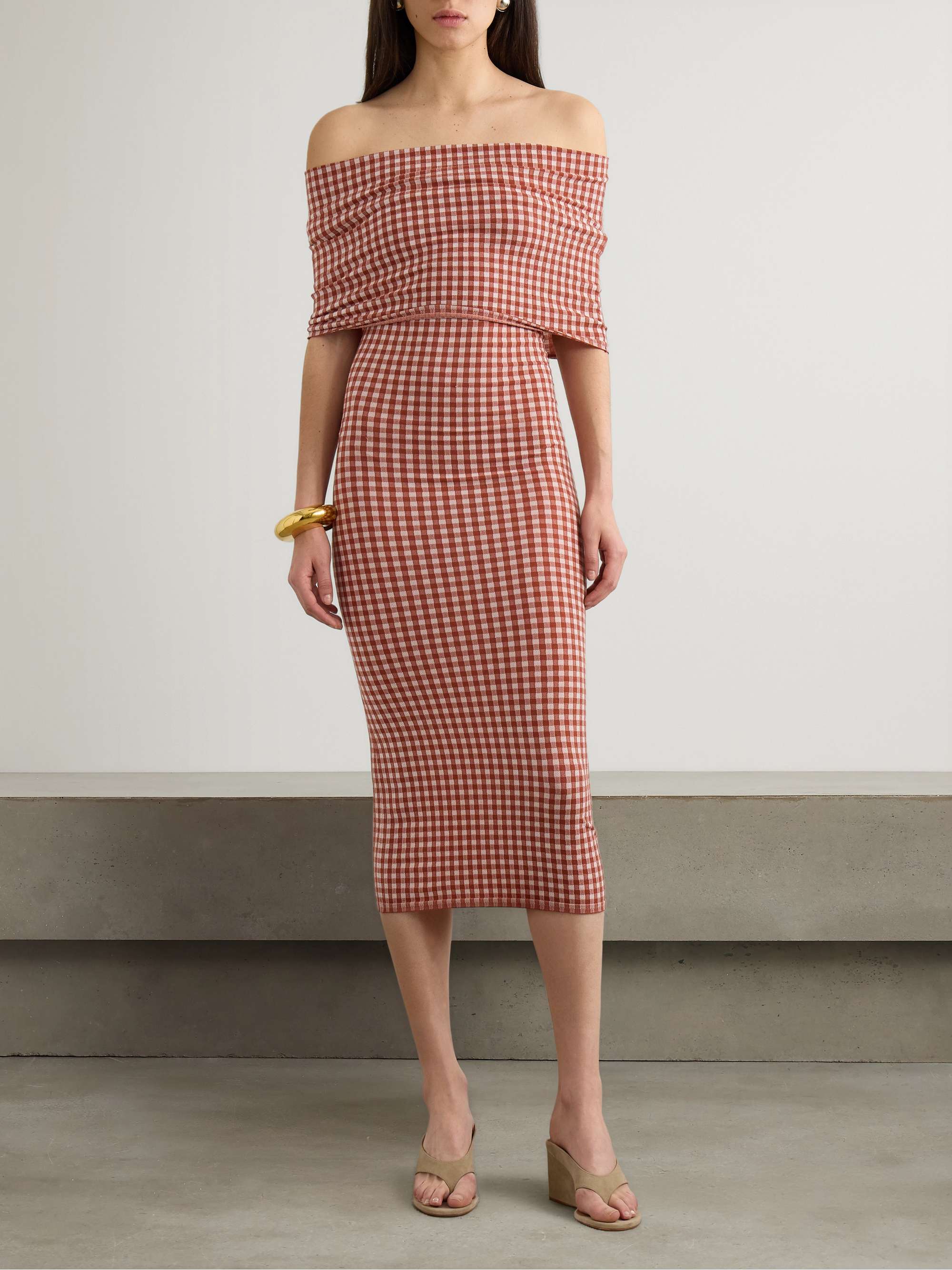 Off-the-shoulder checked stretch-knit midi dress view