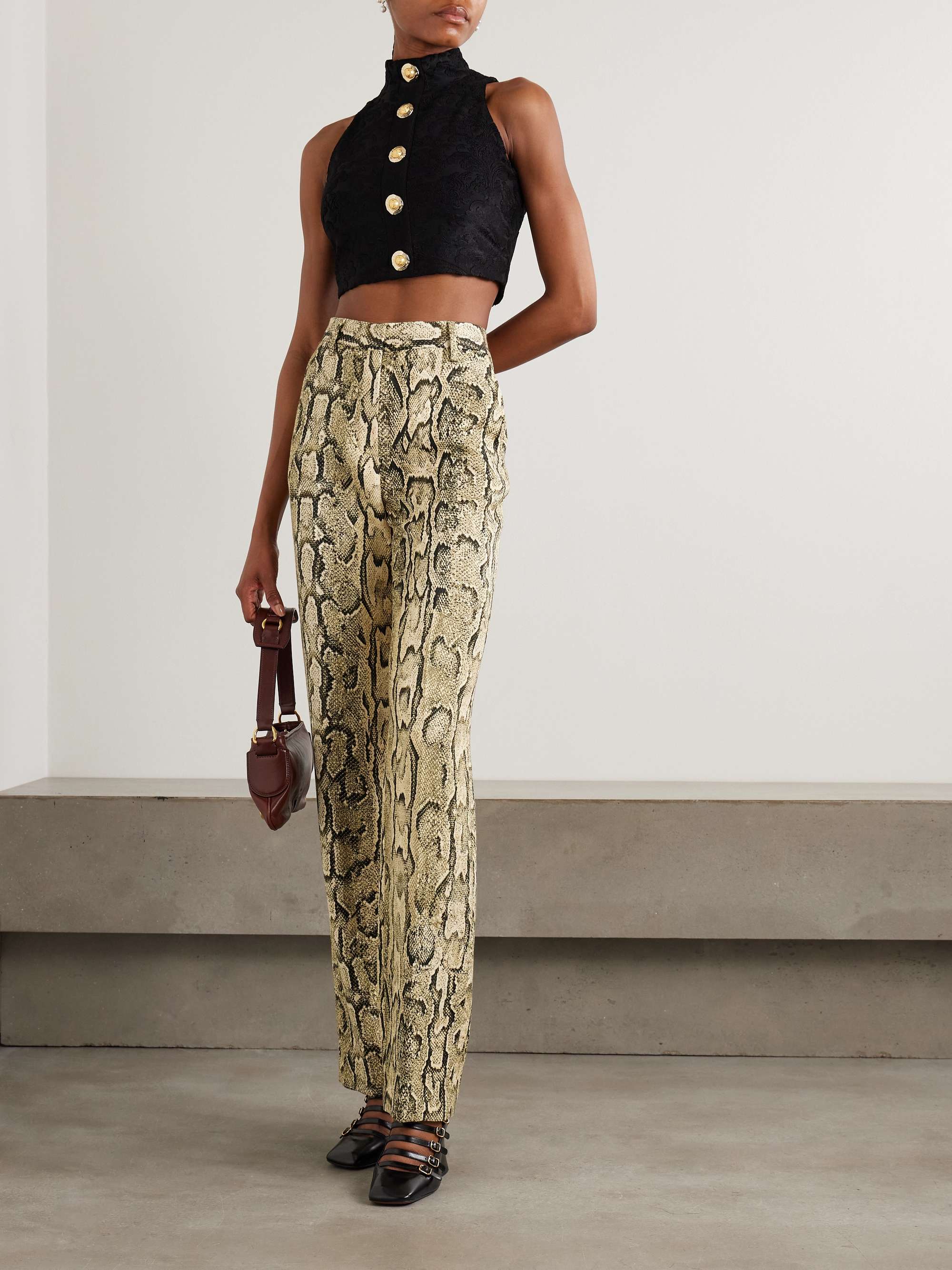 Cropped button-embellished jacquard top view