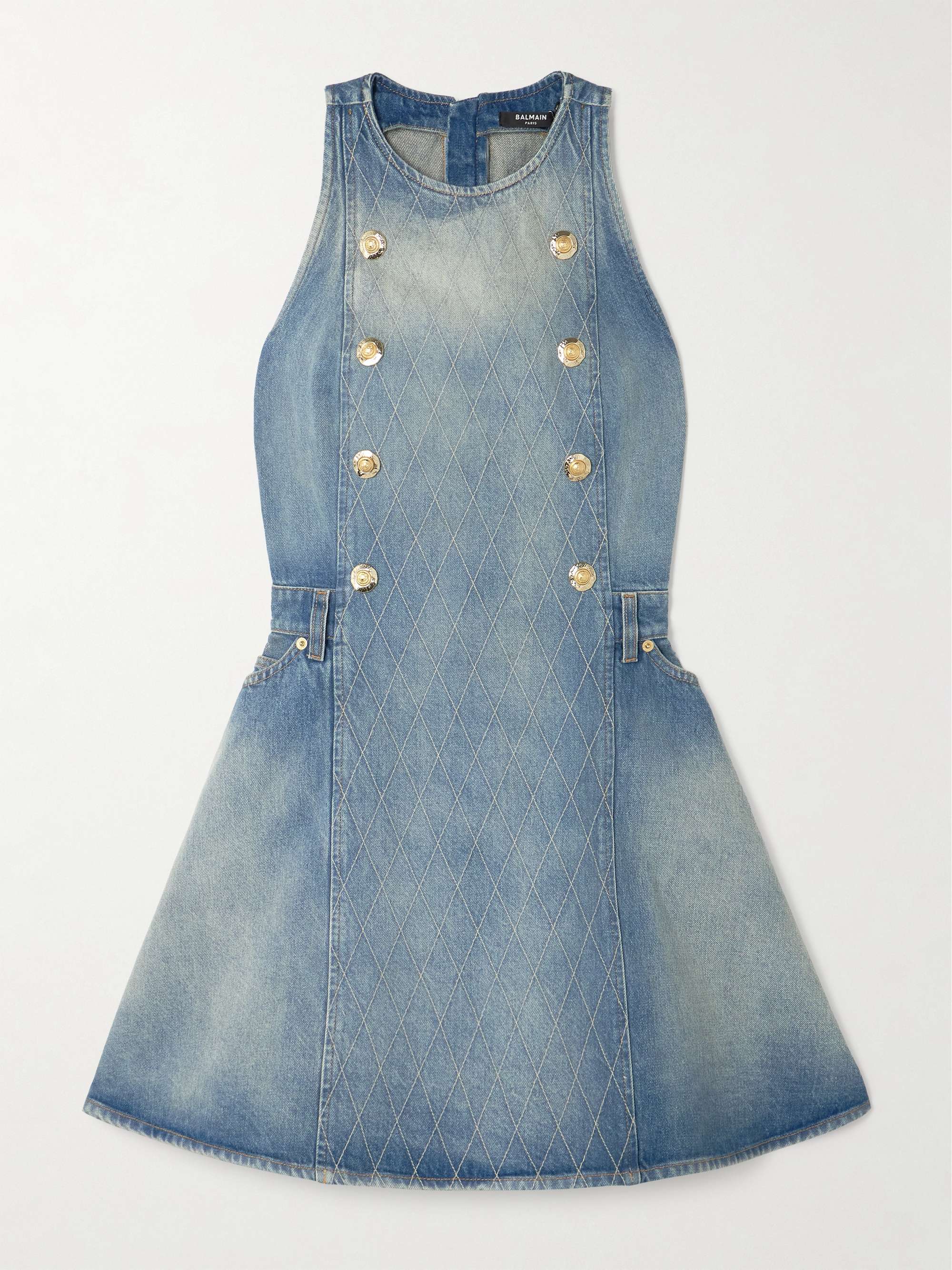 Button-embellished embroidered denim mini dress view