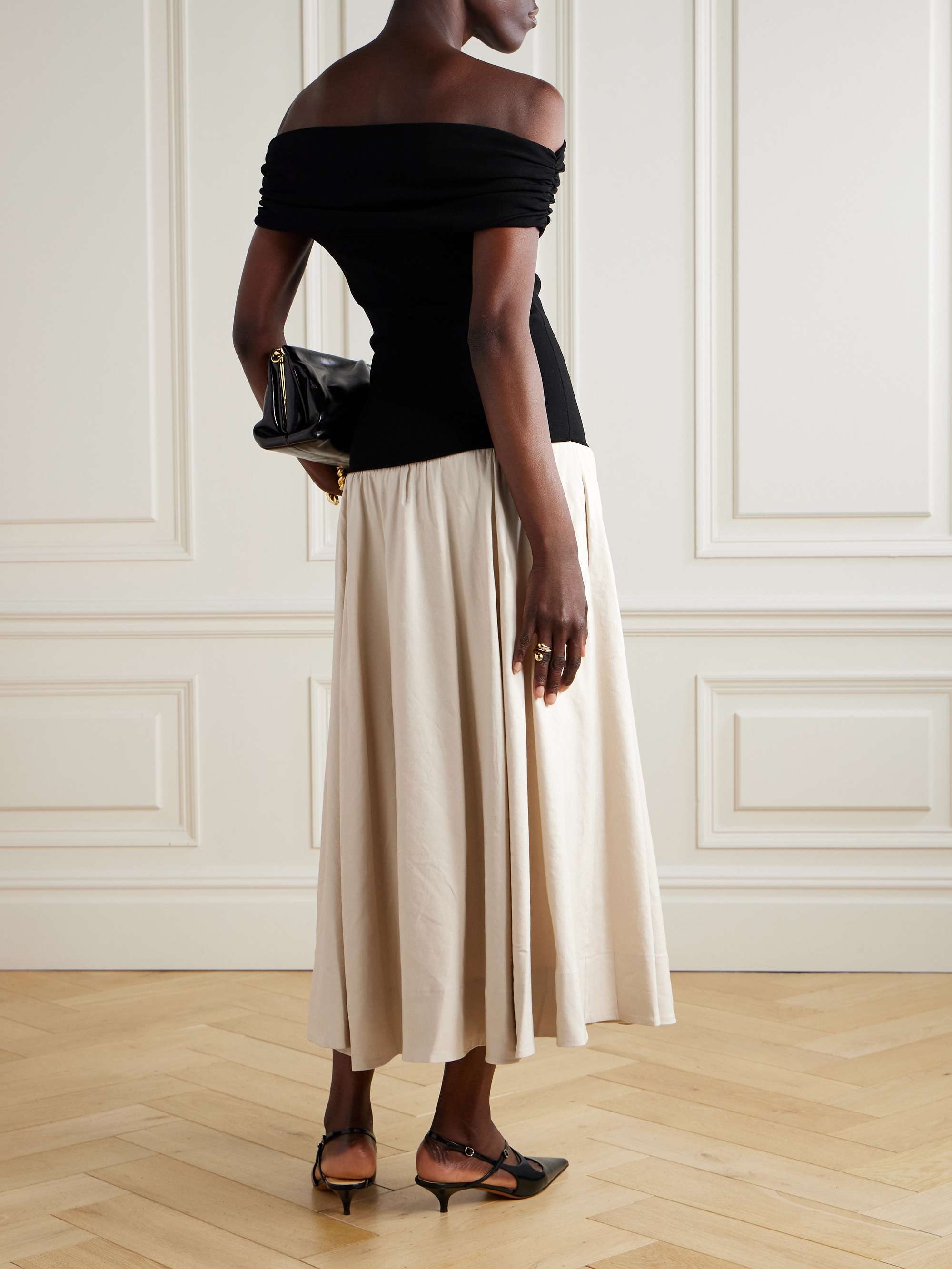 Adaline off-the-shoulder linen-blend and recycled satin-jersey midi dress view